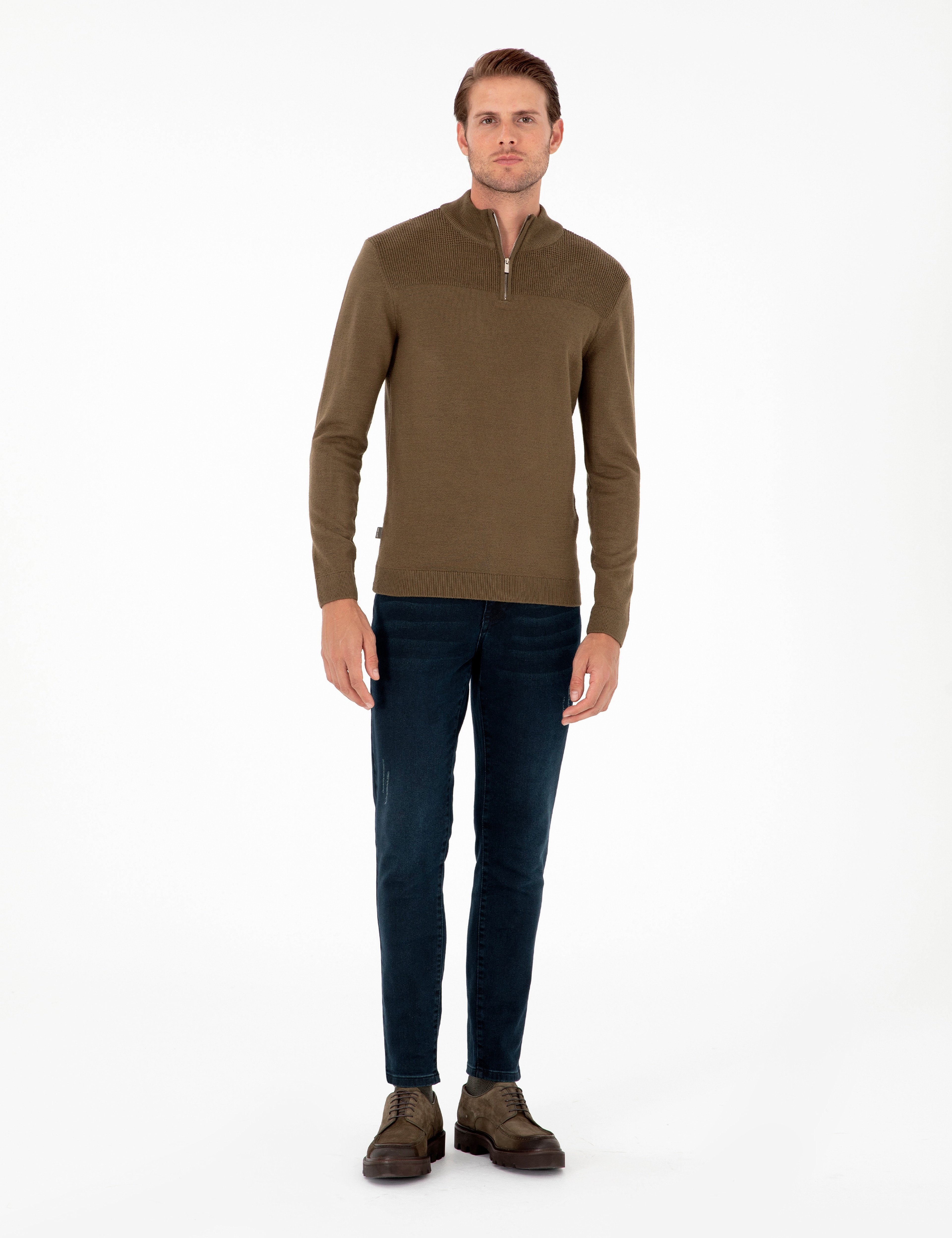 Koyu Haki Slim Fit Fermuarlı Dik Yaka Triko Kazak