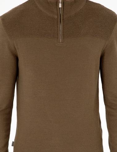 Koyu Haki Slim Fit Fermuarlı Dik Yaka Triko Kazak