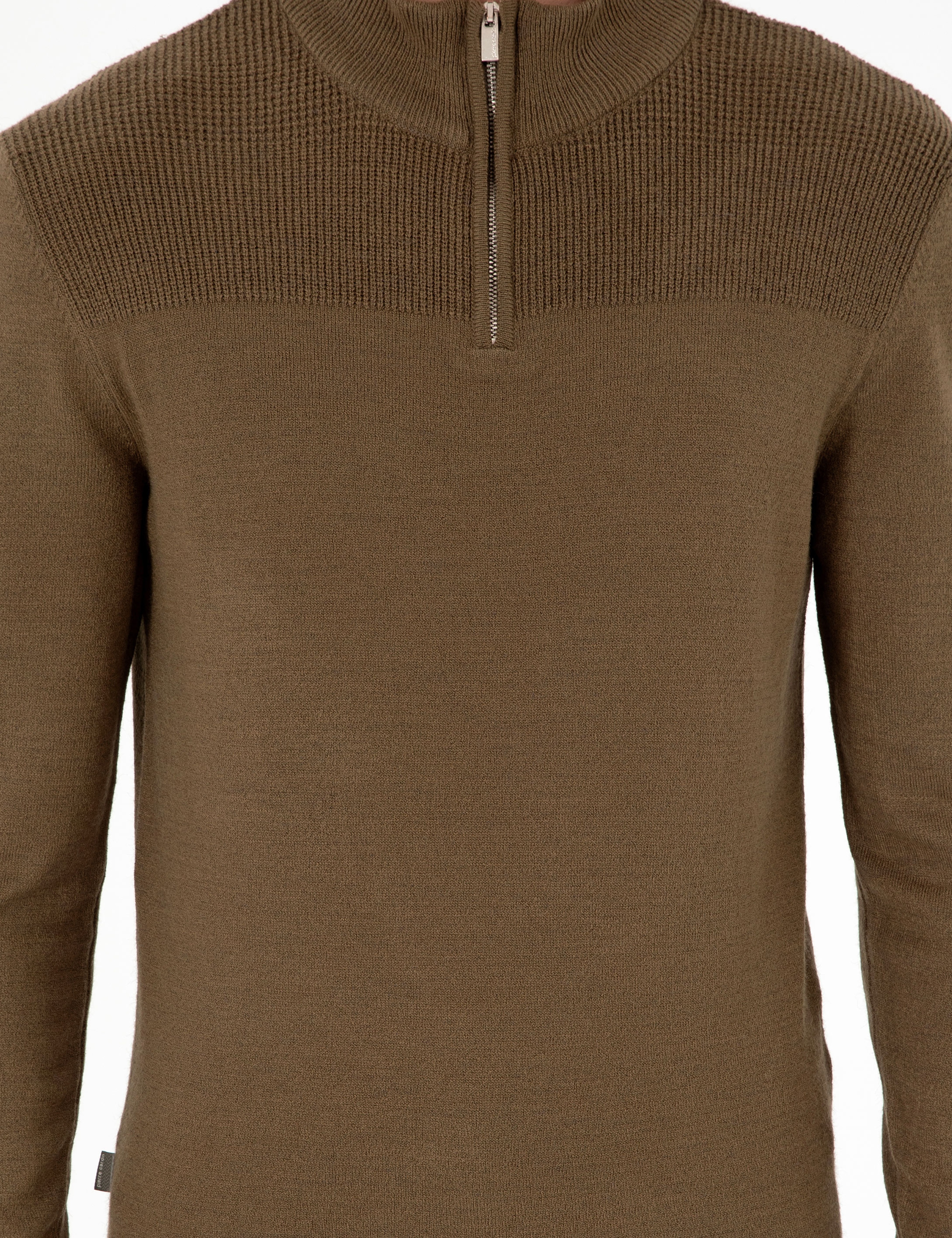 Koyu Haki Slim Fit Fermuarlı Dik Yaka Triko Kazak - Image 6
