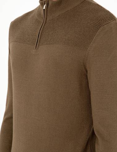 Koyu Haki Slim Fit Fermuarlı Dik Yaka Triko Kazak