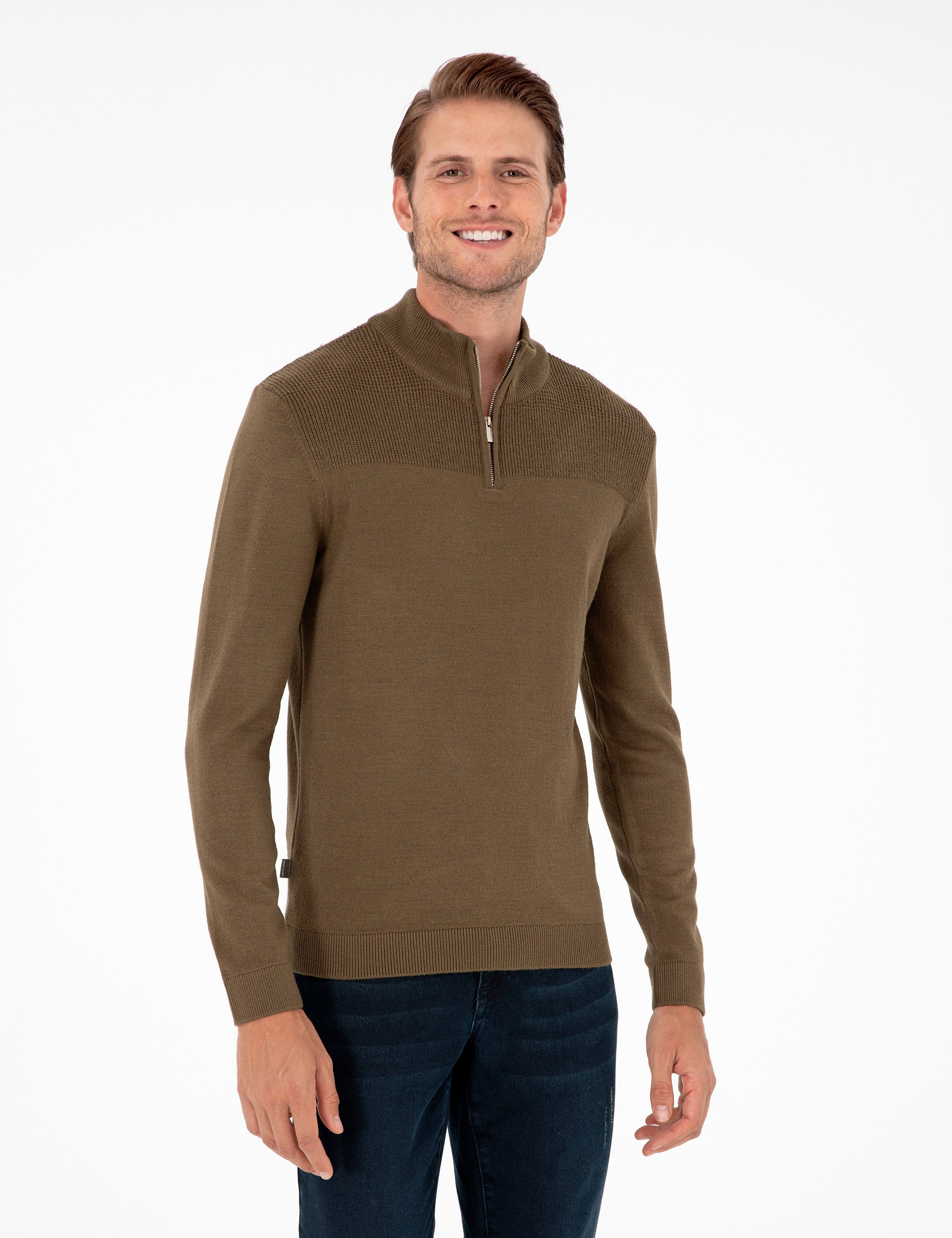 Koyu Haki Slim Fit Fermuarlı Dik Yaka Triko Kazak - Image 1