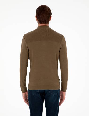 Koyu Haki Slim Fit Fermuarlı Dik Yaka Triko Kazak