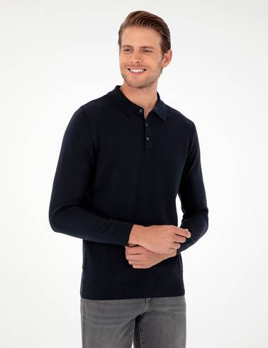 Lacivert Slim Fit Düğmeli Polo Yaka Triko Kazak