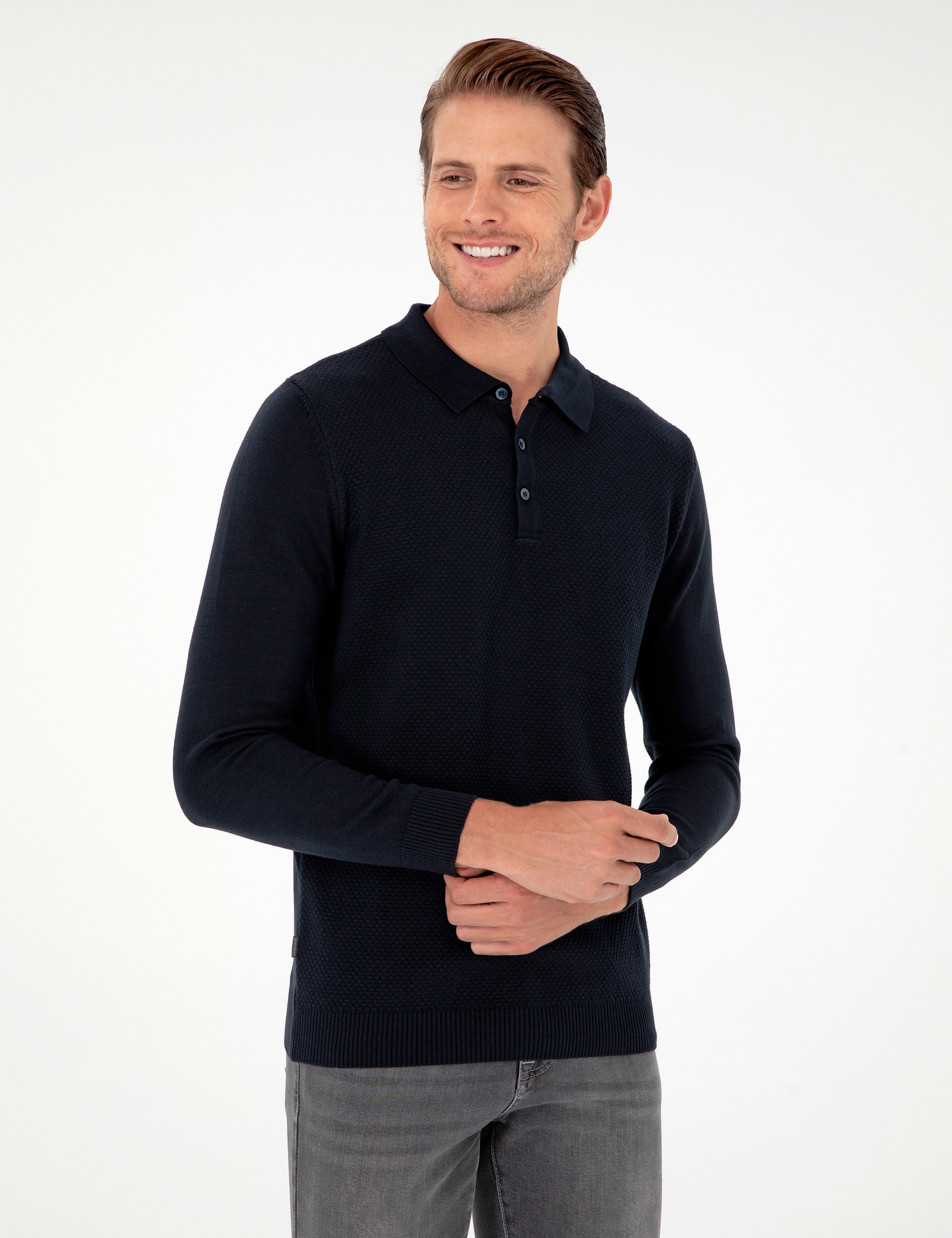 Lacivert Slim Fit Düğmeli Polo Yaka Triko Kazak - Image 3