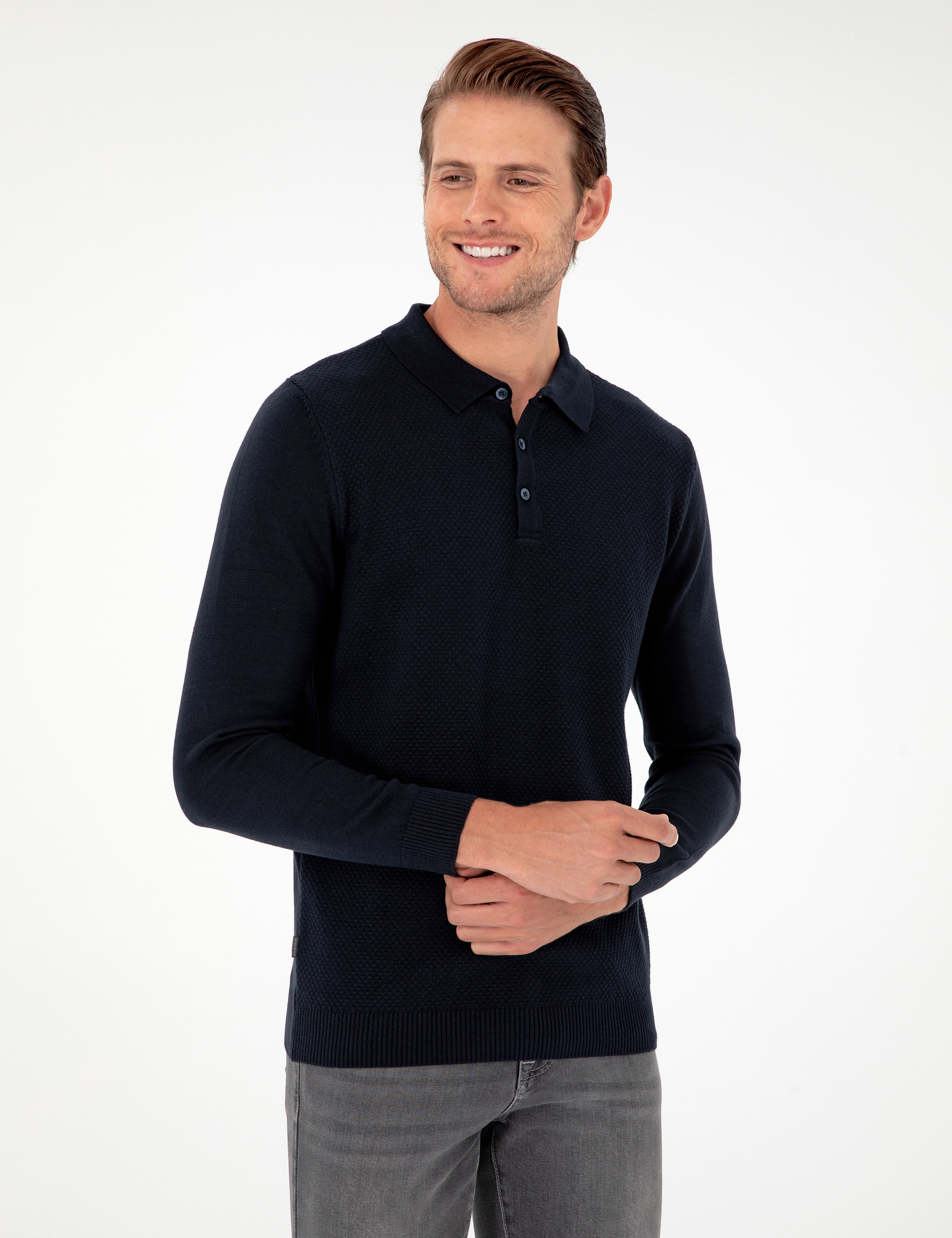 Lacivert Slim Fit Düğmeli Polo Yaka Triko Kazak