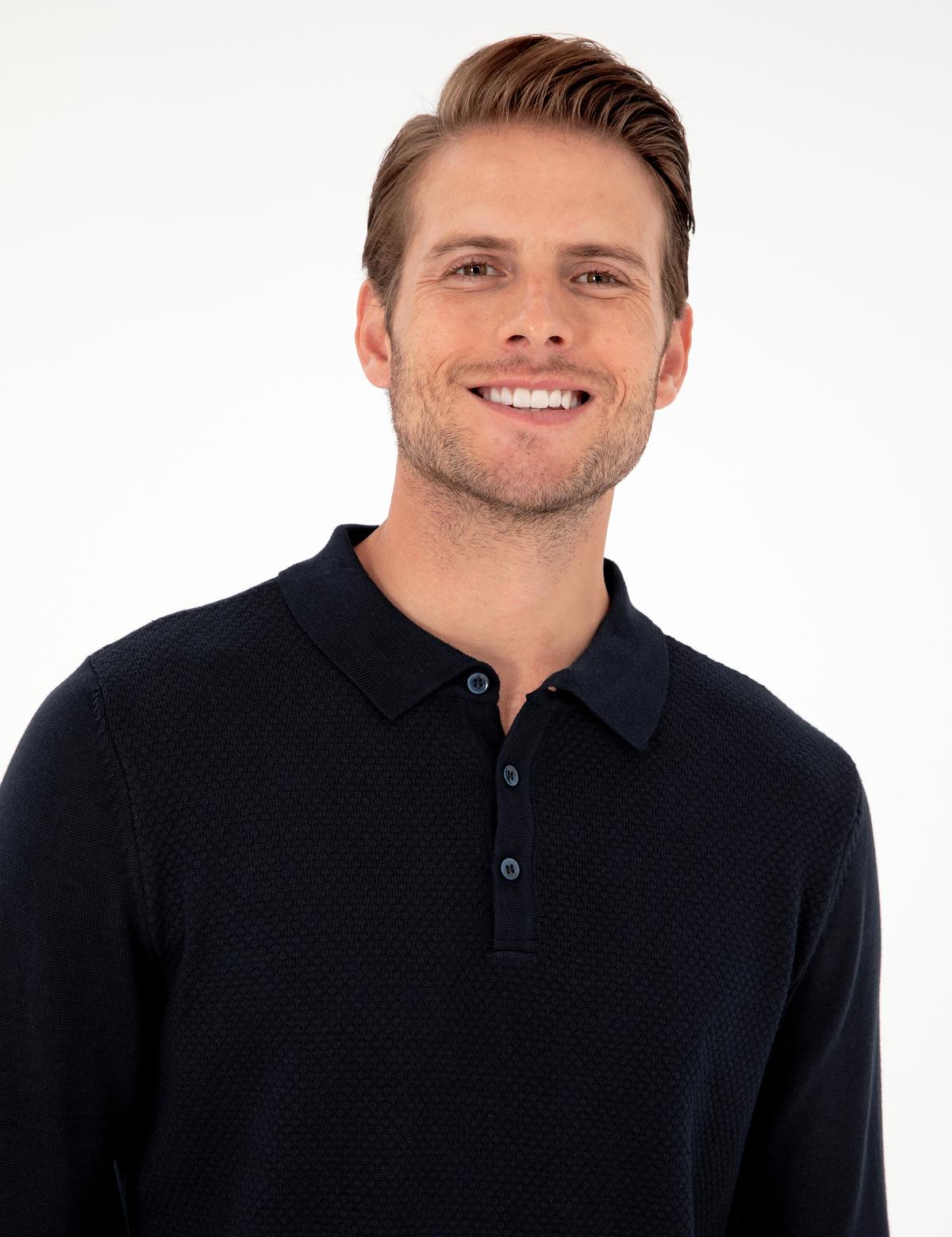 Lacivert Slim Fit Düğmeli Polo Yaka Triko Kazak - 50300506007