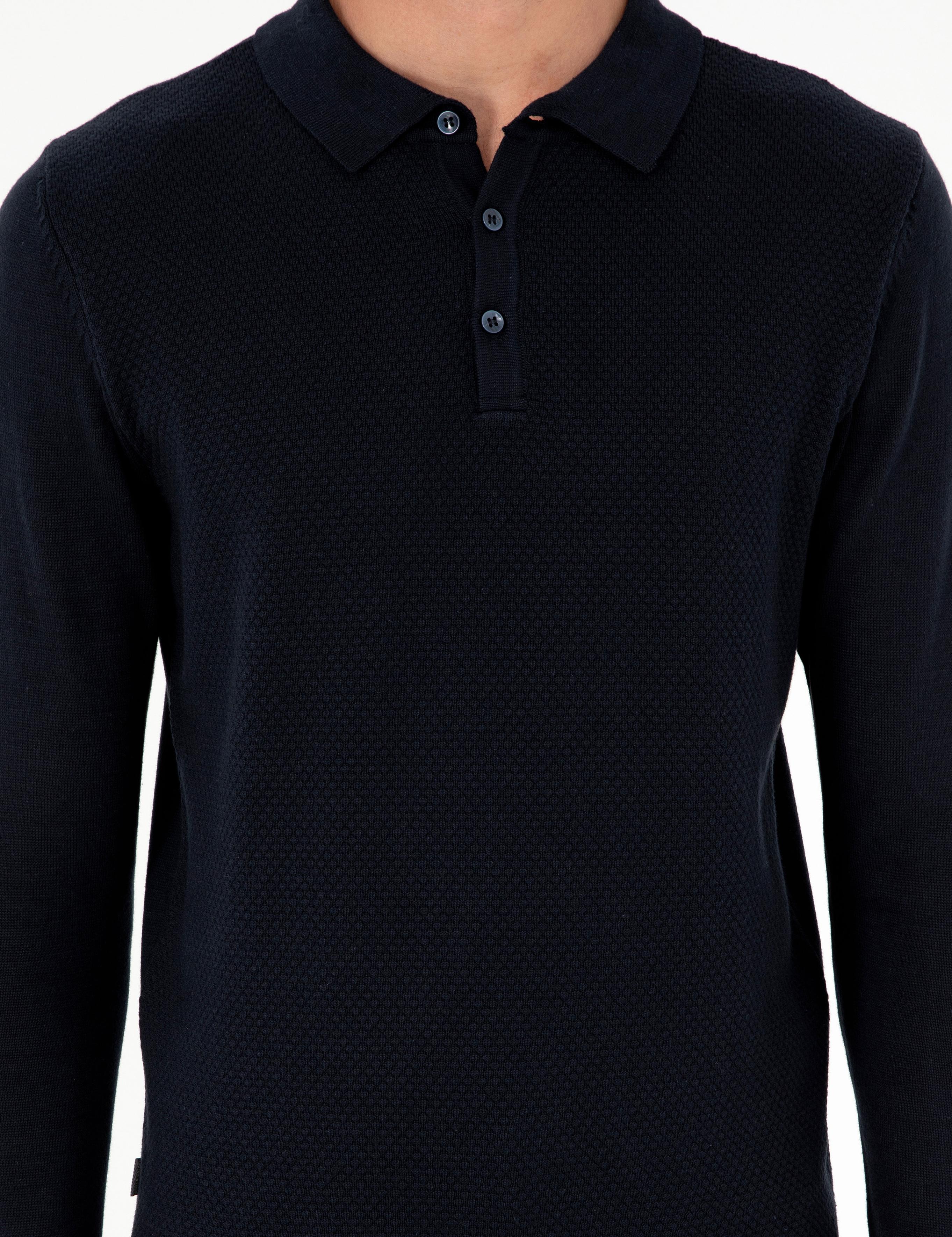 Lacivert Slim Fit Düğmeli Polo Yaka Triko Kazak