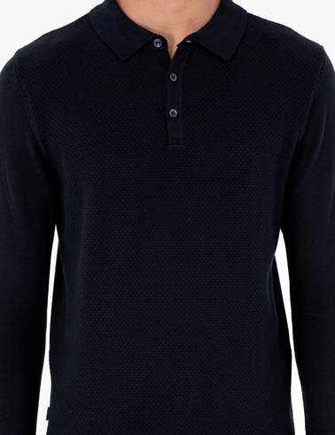 Lacivert Slim Fit Düğmeli Polo Yaka Triko Kazak