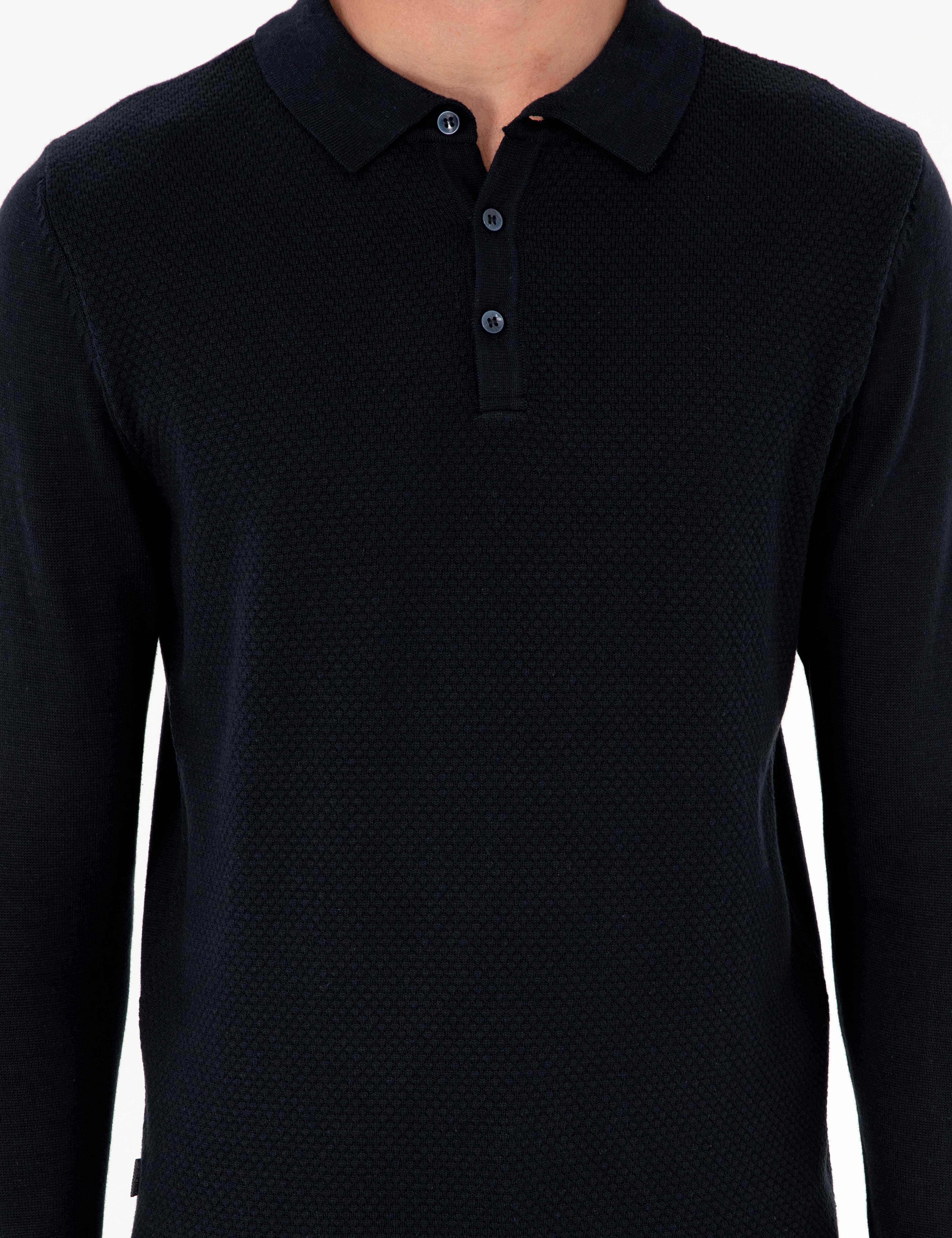 Lacivert Slim Fit Düğmeli Polo Yaka Triko Kazak - Image 6