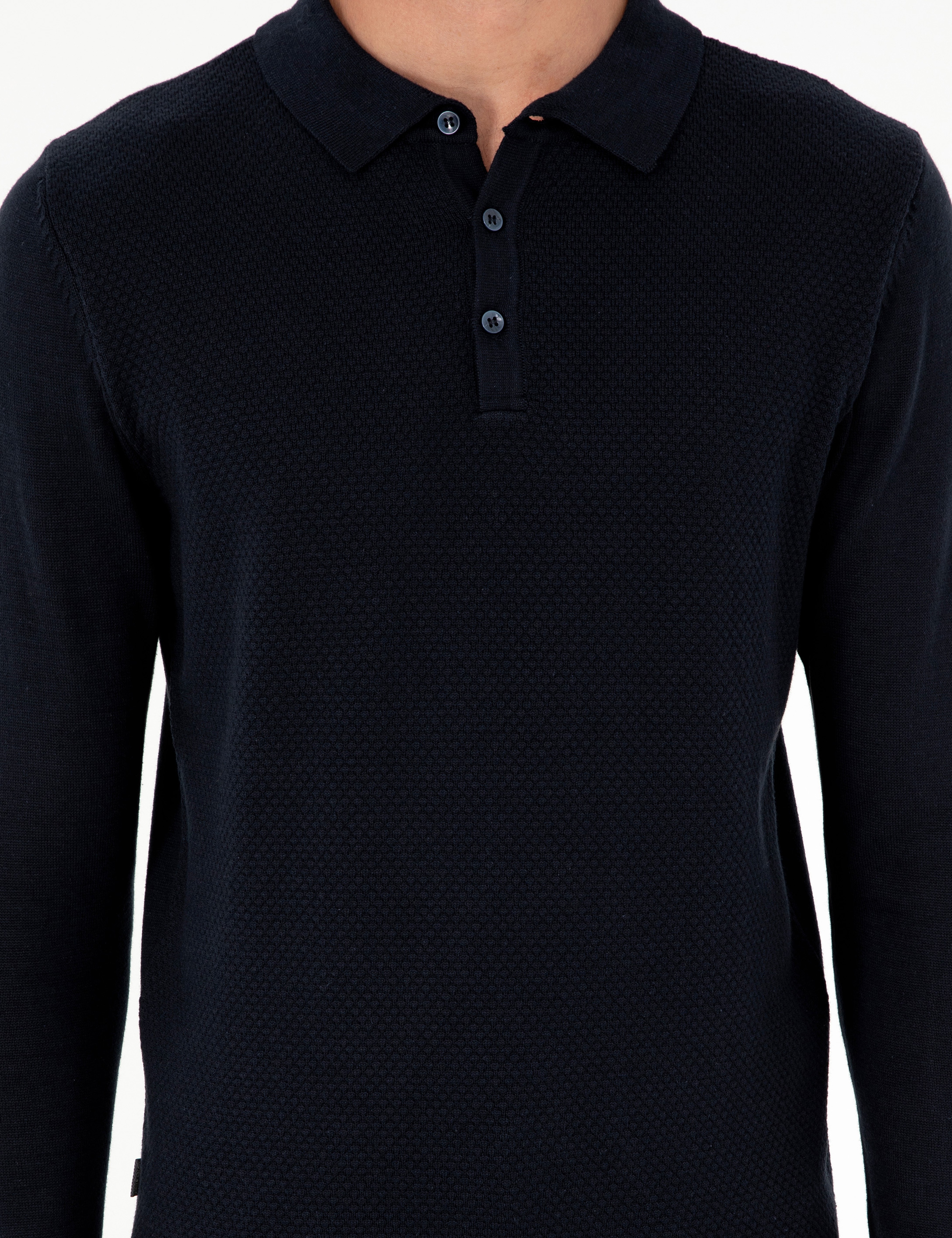 Lacivert Slim Fit Düğmeli Polo Yaka Triko Kazak