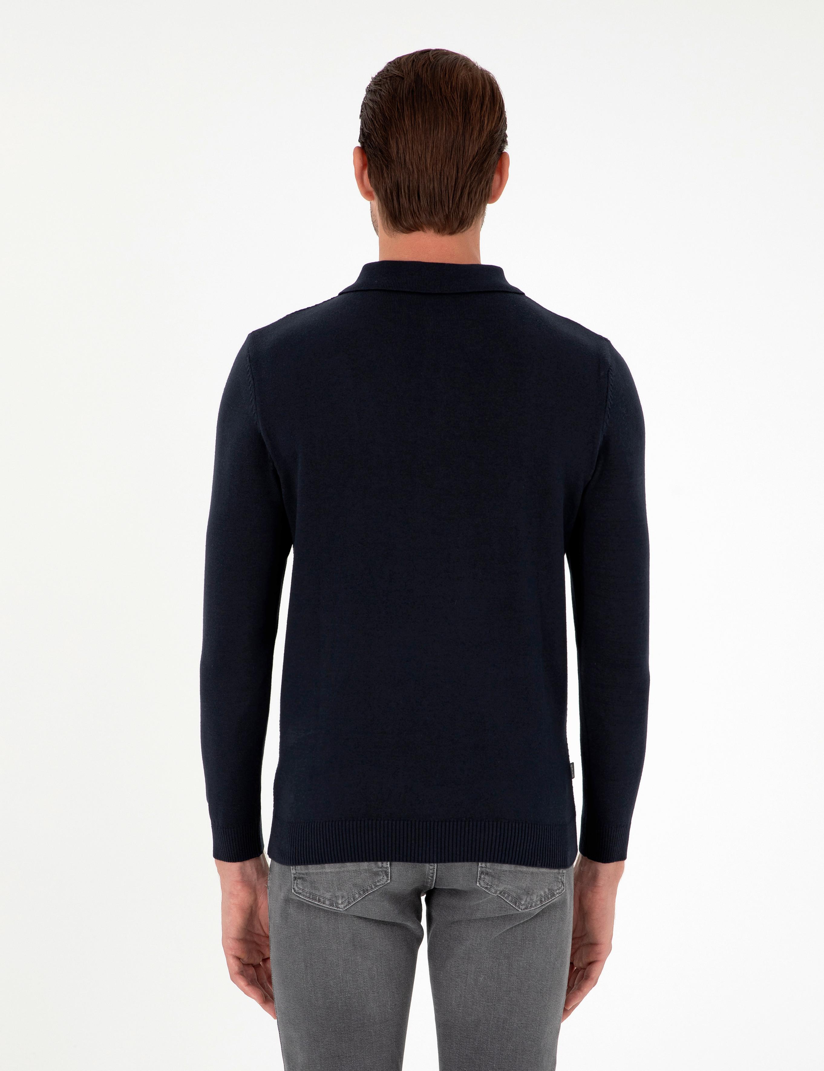 Lacivert Slim Fit Düğmeli Polo Yaka Triko Kazak