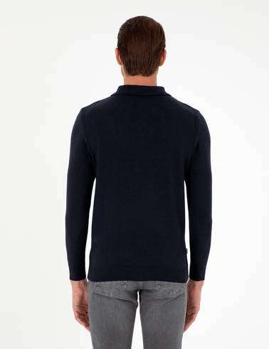 Lacivert Slim Fit Düğmeli Polo Yaka Triko Kazak