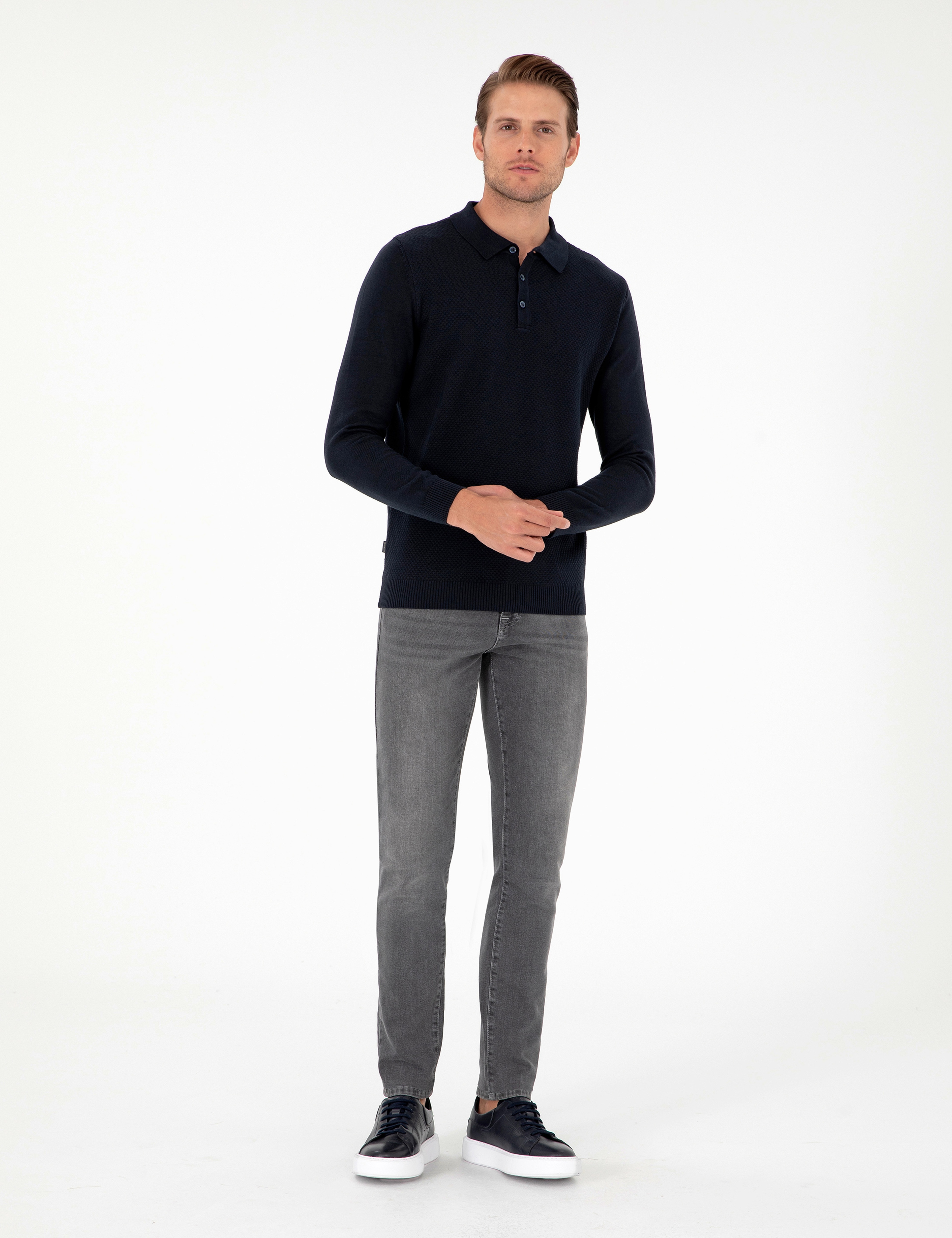 Lacivert Slim Fit Düğmeli Polo Yaka Triko Kazak