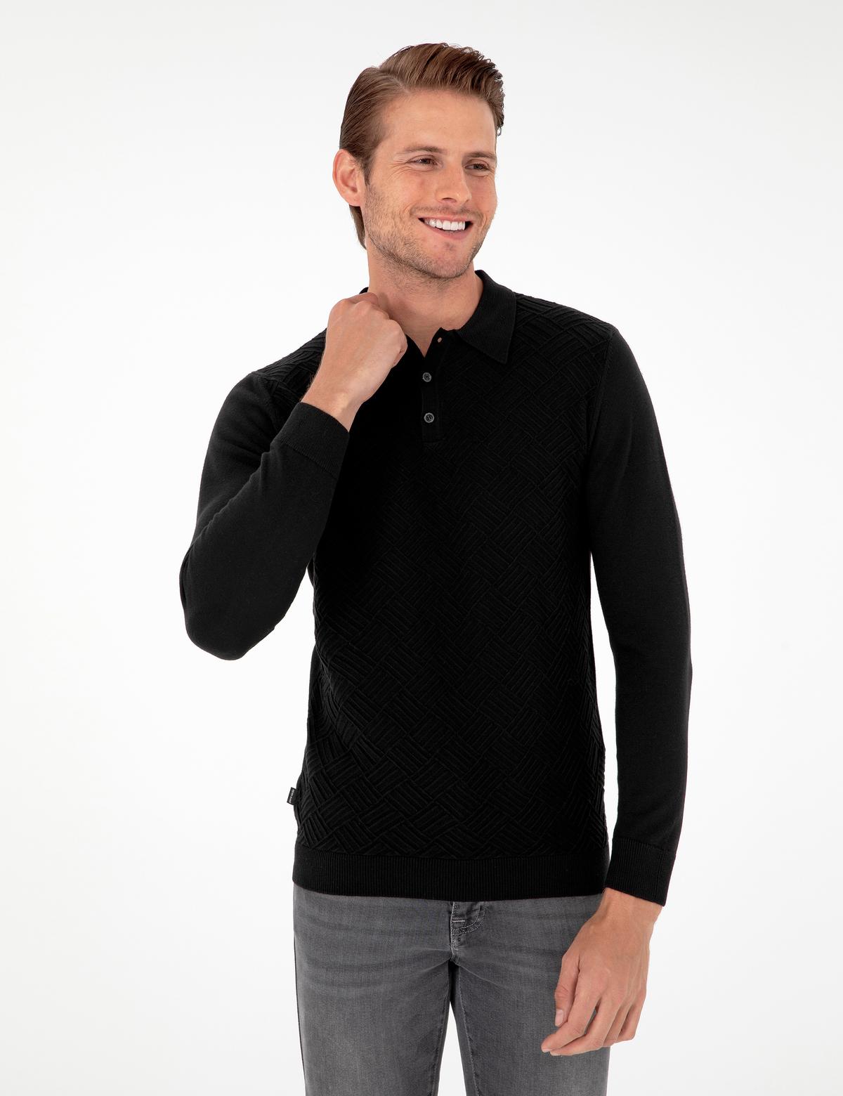 Siyah Slim Fit Düğmeli Polo Yaka Triko Kazak - 50300521017