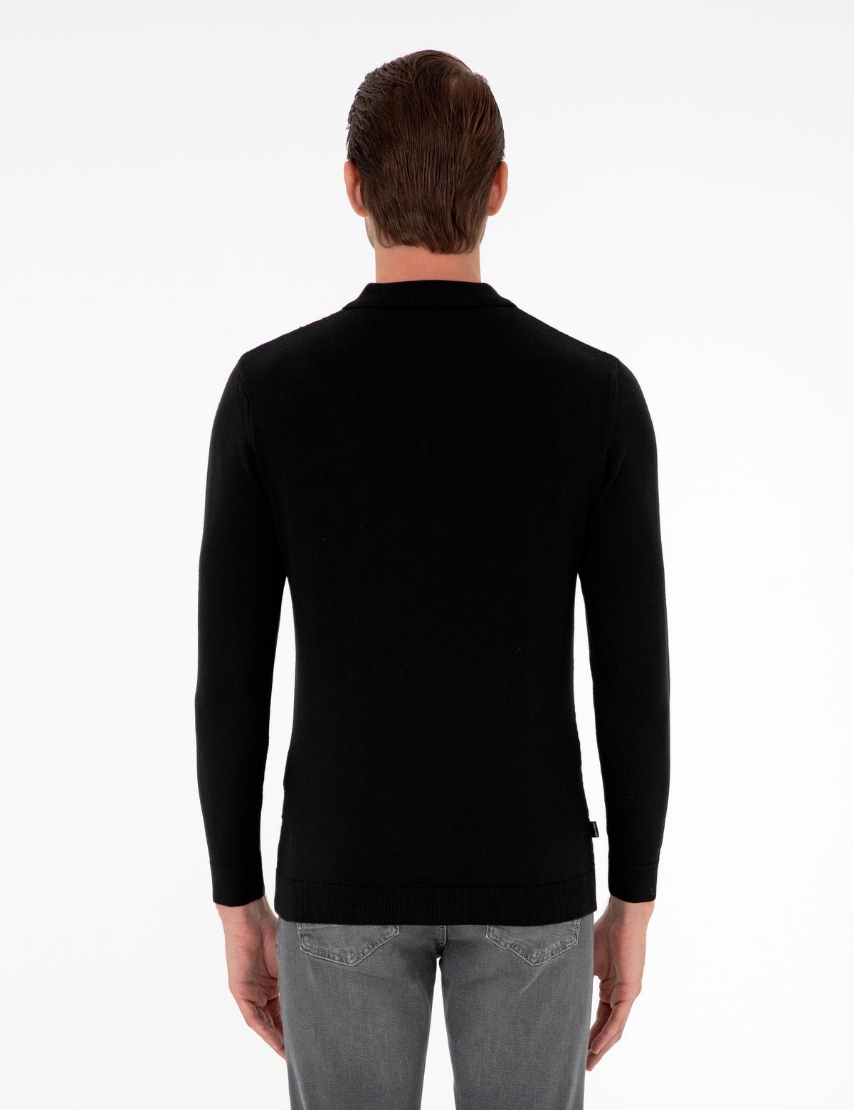 Siyah Slim Fit Düğmeli Polo Yaka Triko Kazak - 50300521017