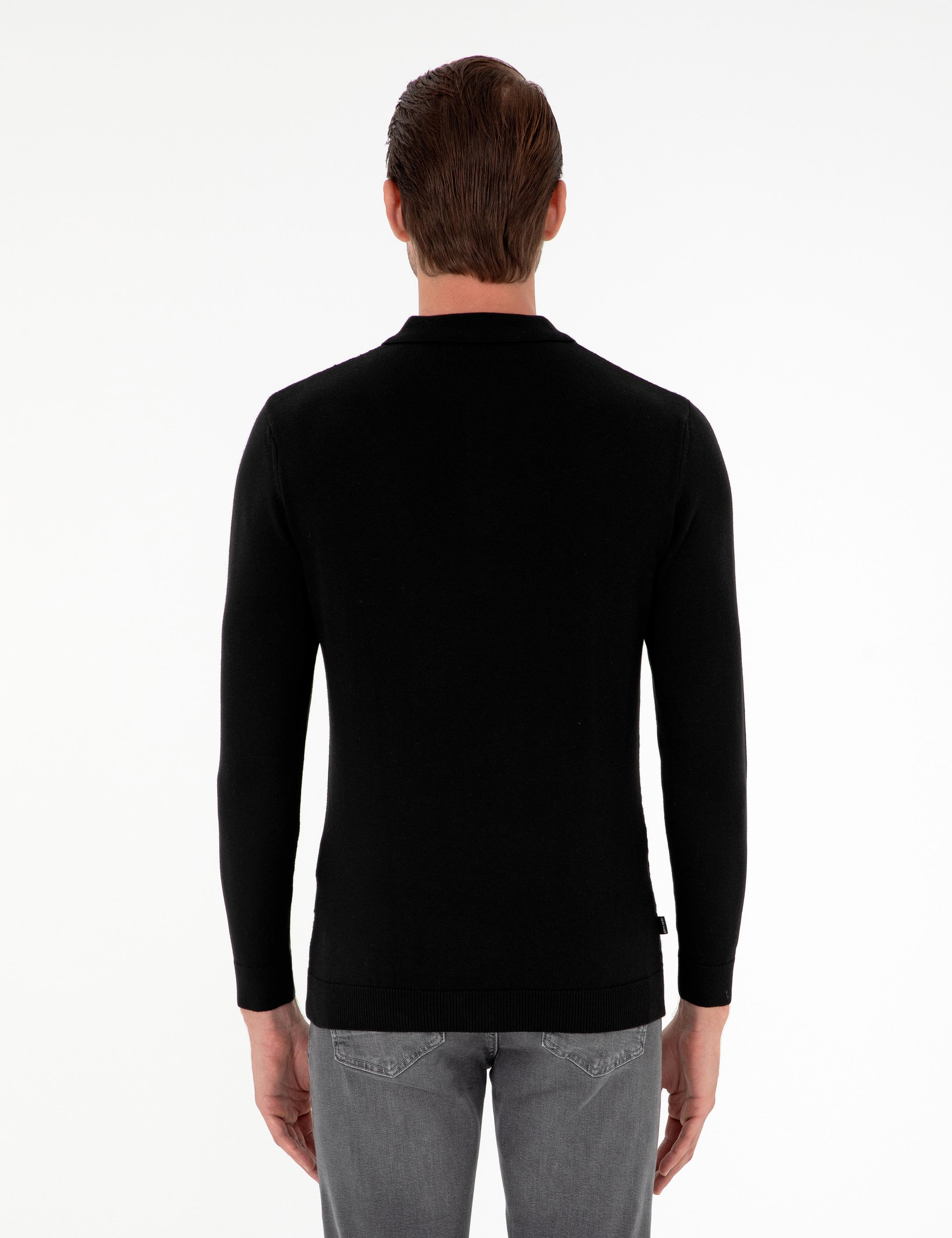 Siyah Slim Fit Düğmeli Polo Yaka Triko Kazak