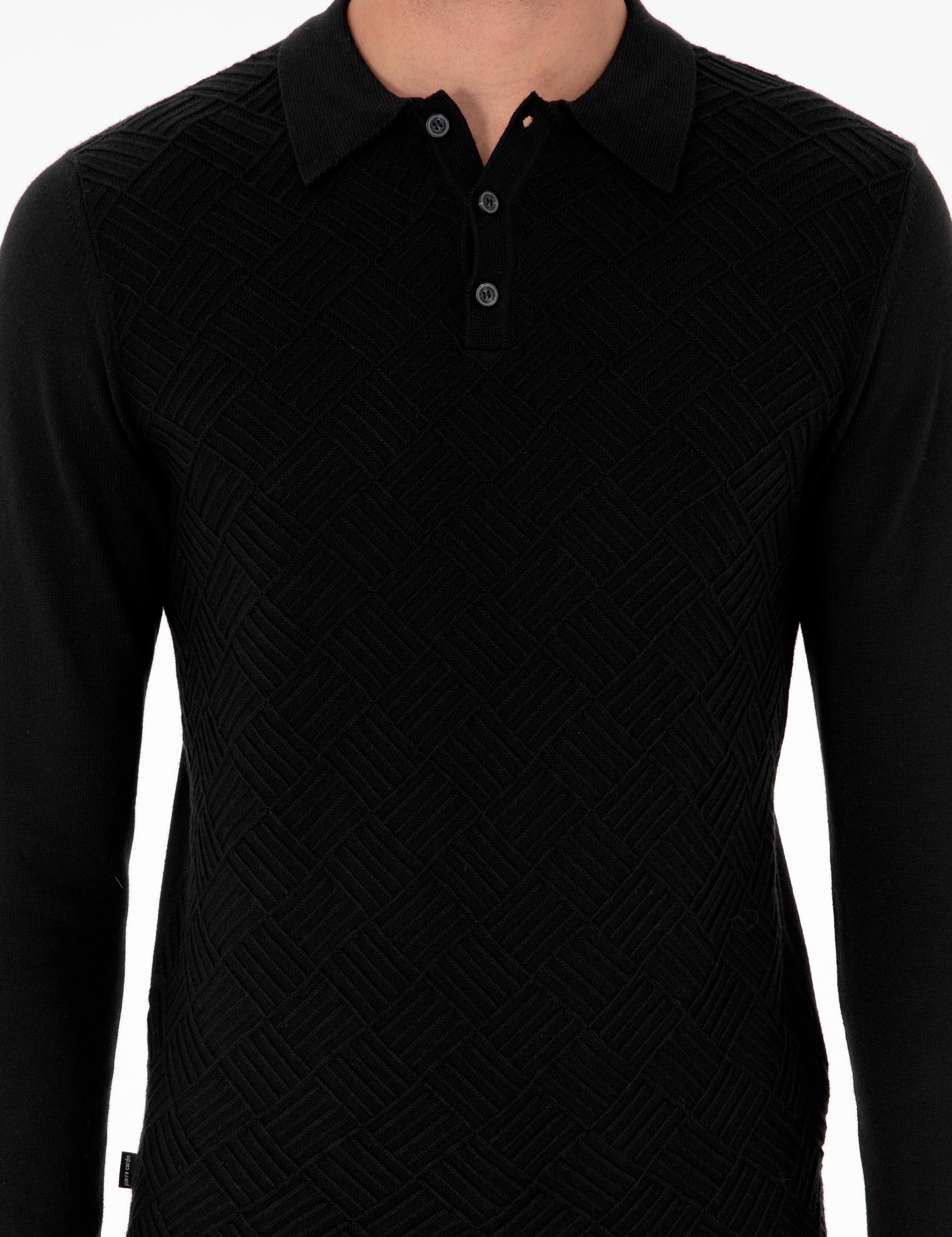 Siyah Slim Fit Düğmeli Polo Yaka Triko Kazak