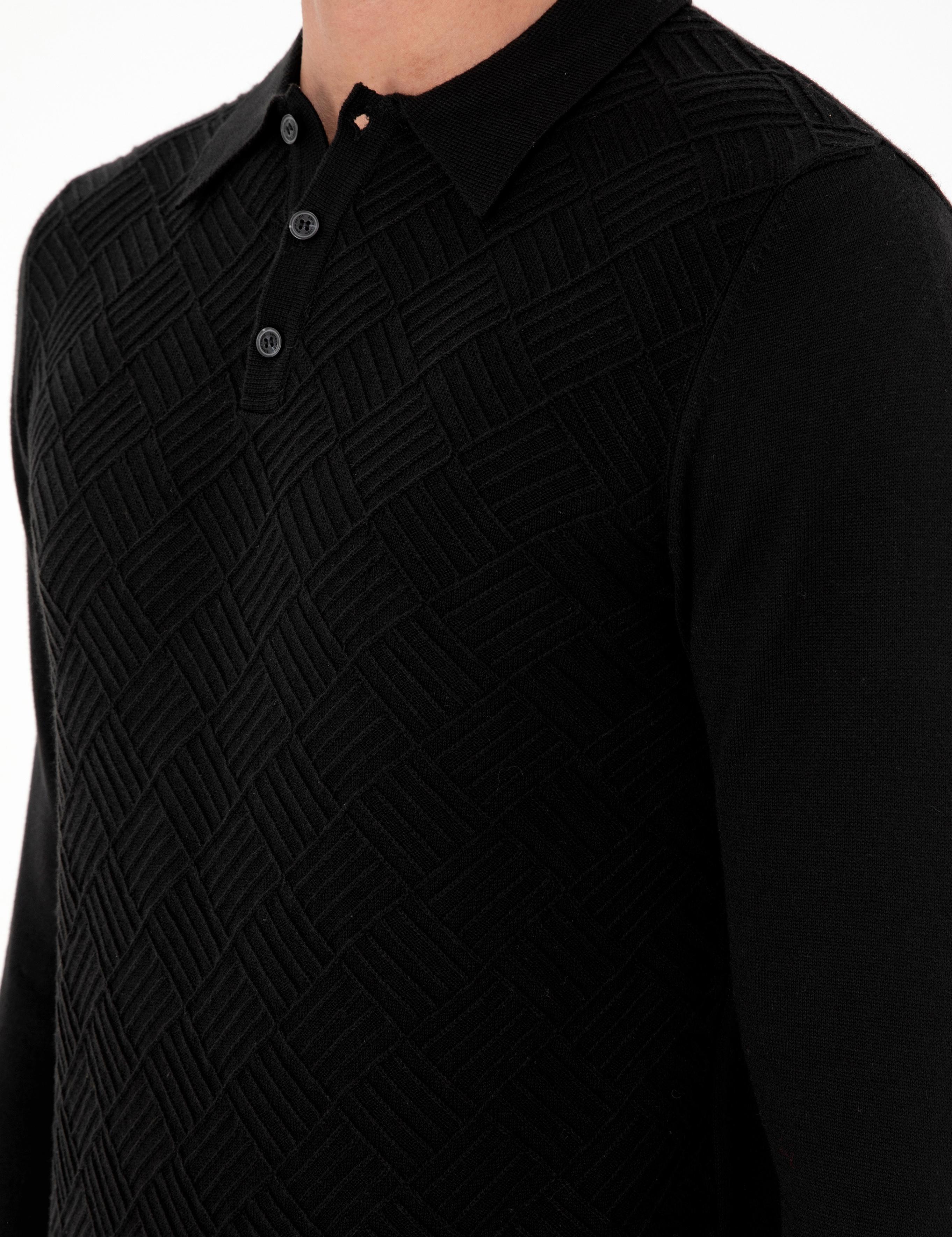 Siyah Slim Fit Düğmeli Polo Yaka Triko Kazak