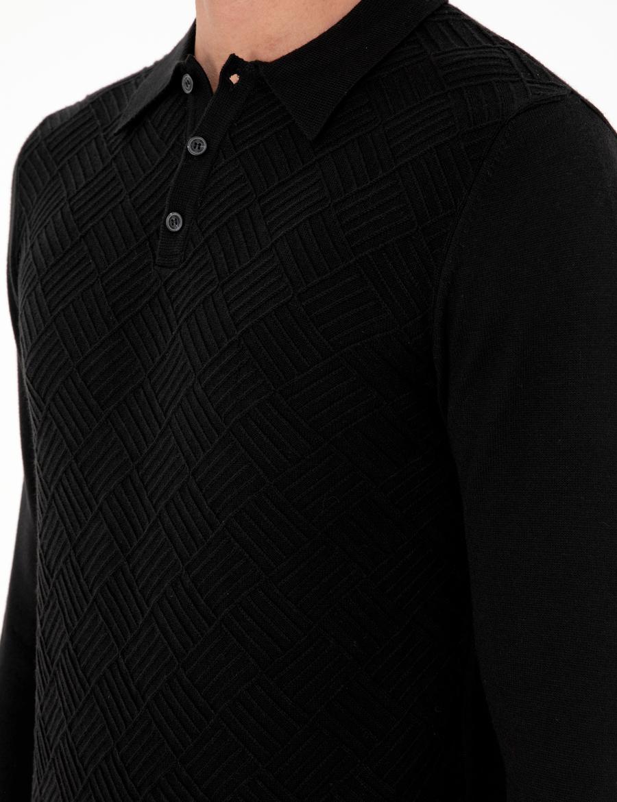 Siyah Slim Fit Düğmeli Polo Yaka Triko Kazak