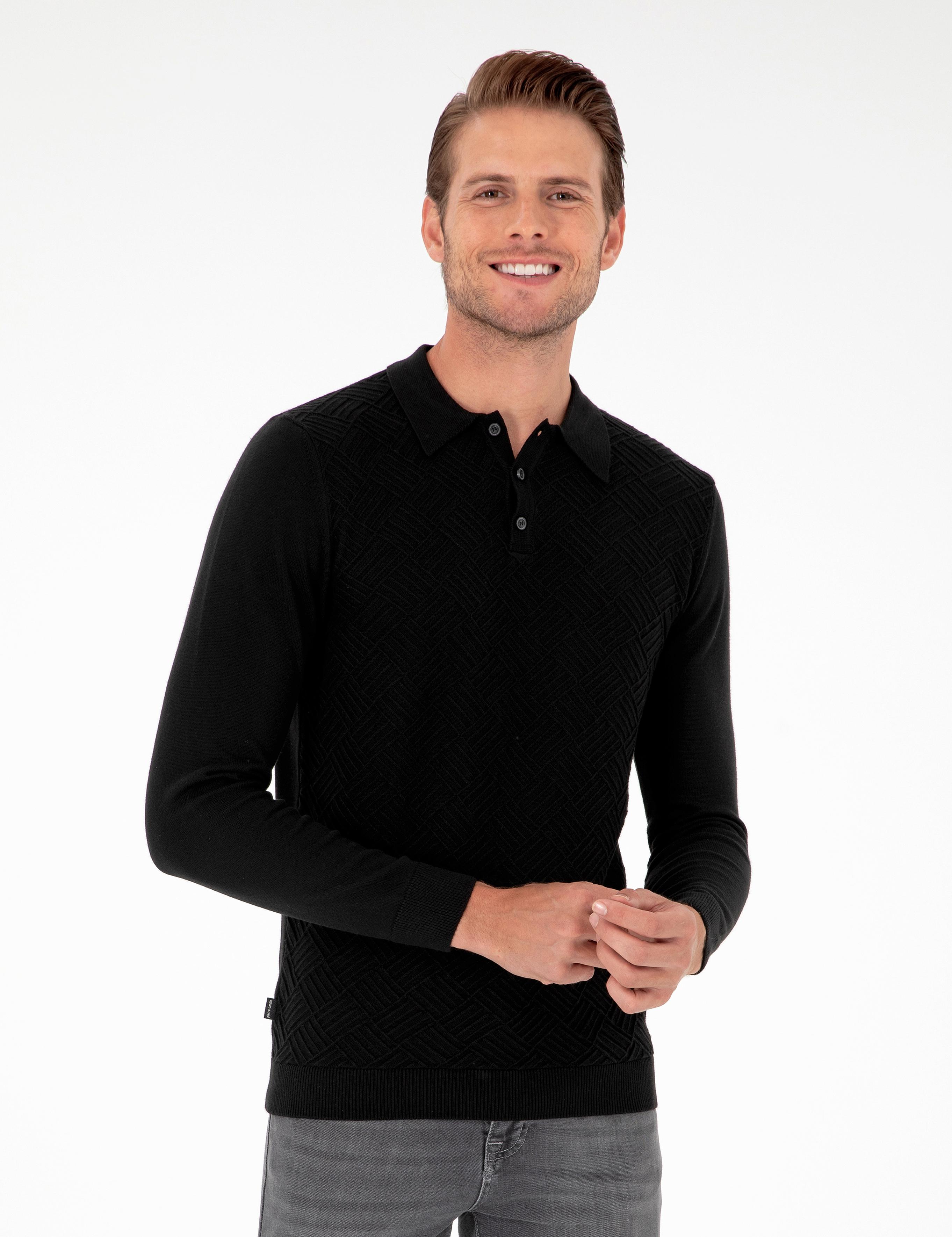 Siyah Slim Fit Düğmeli Polo Yaka Triko Kazak