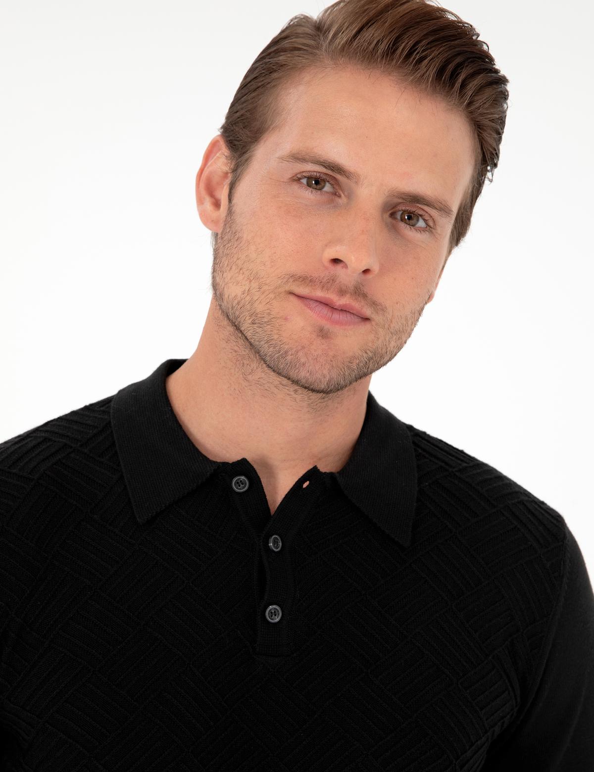 Siyah Slim Fit Düğmeli Polo Yaka Triko Kazak - 50300521017