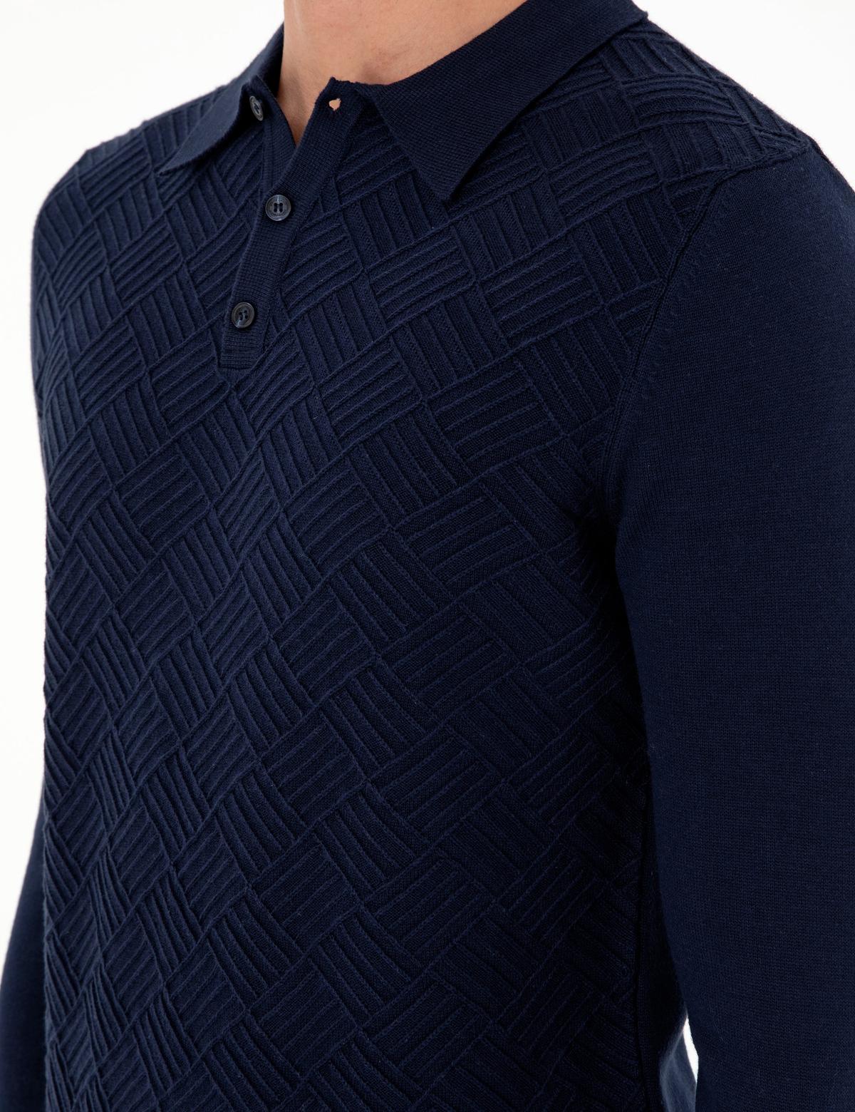 Lacivert Slim Fit Düğmeli Polo Yaka Triko Kazak - 50300521009