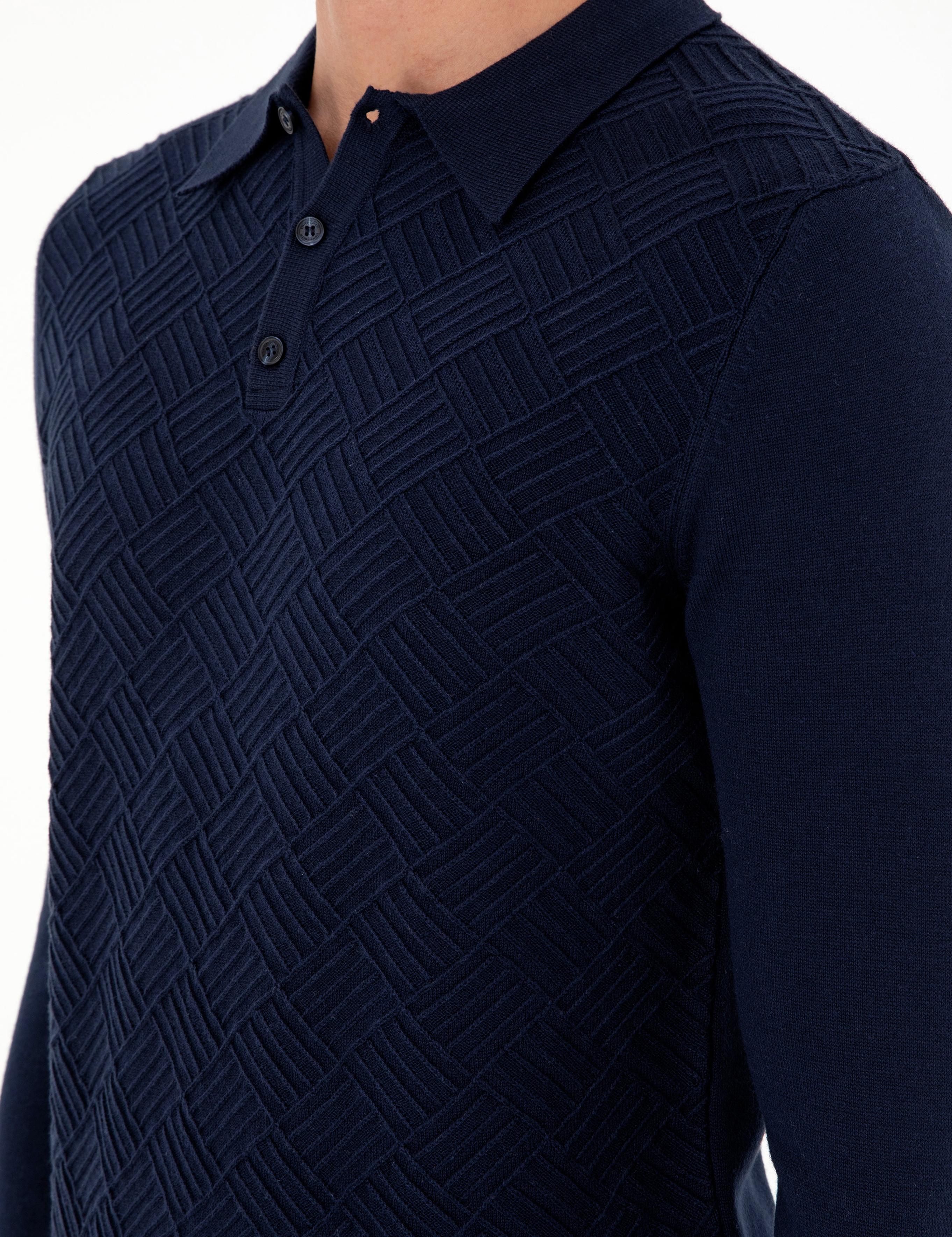 Lacivert Slim Fit Düğmeli Polo Yaka Triko Kazak