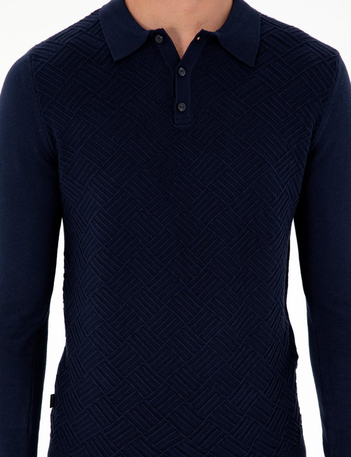 Lacivert Slim Fit Düğmeli Polo Yaka Triko Kazak - 50300521009