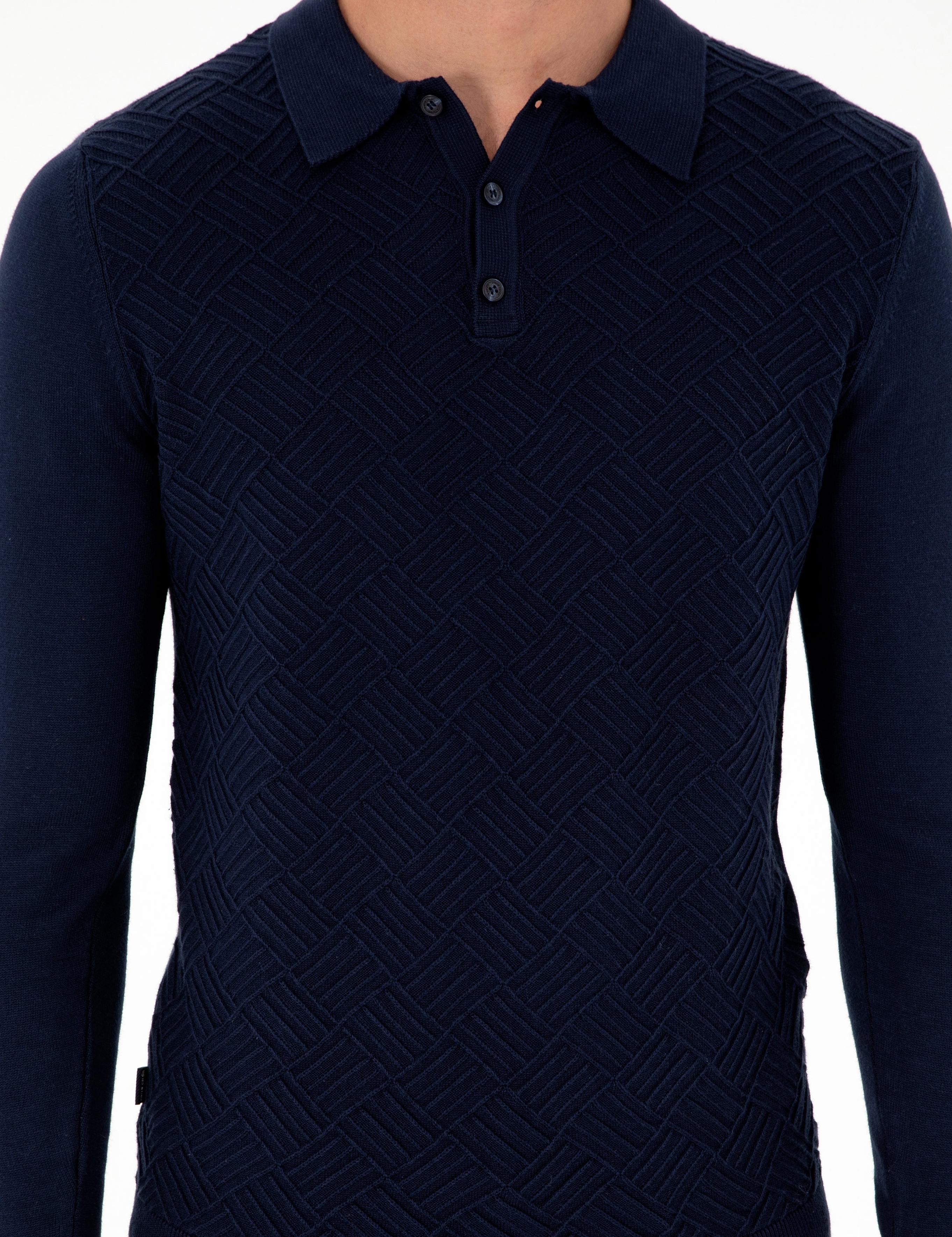 Lacivert Slim Fit Düğmeli Polo Yaka Triko Kazak