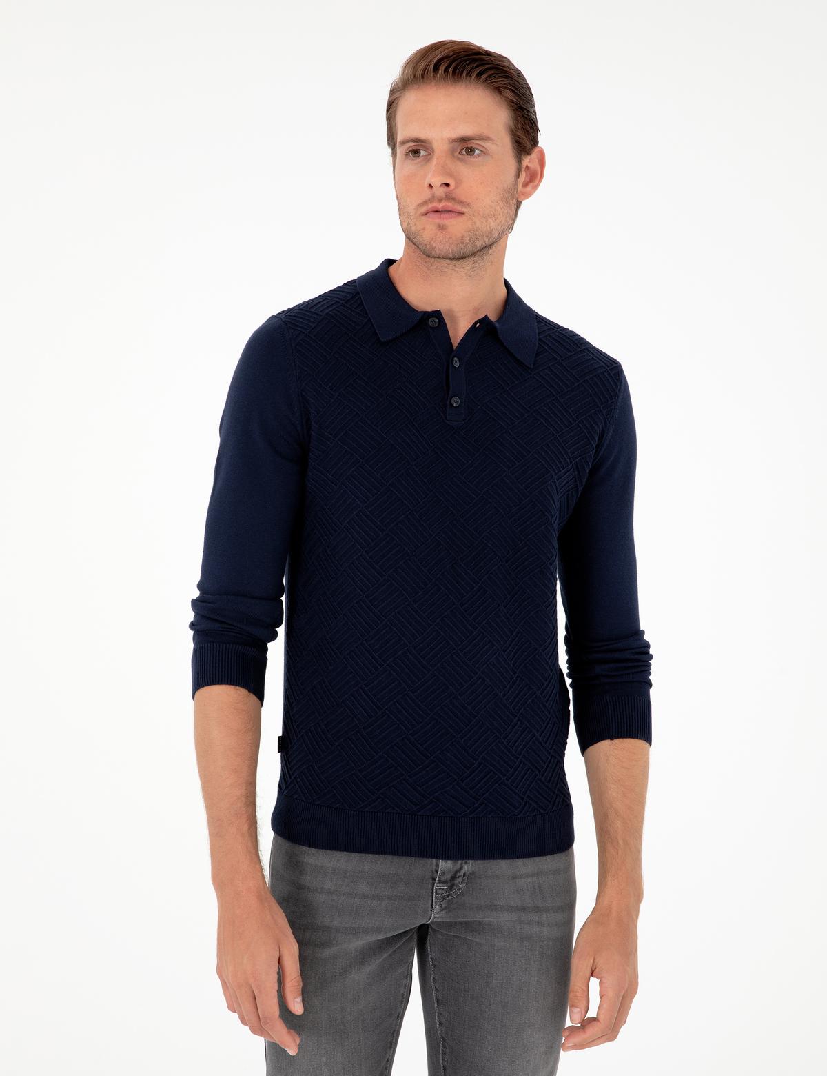 Lacivert Slim Fit Düğmeli Polo Yaka Triko Kazak - 50300521009