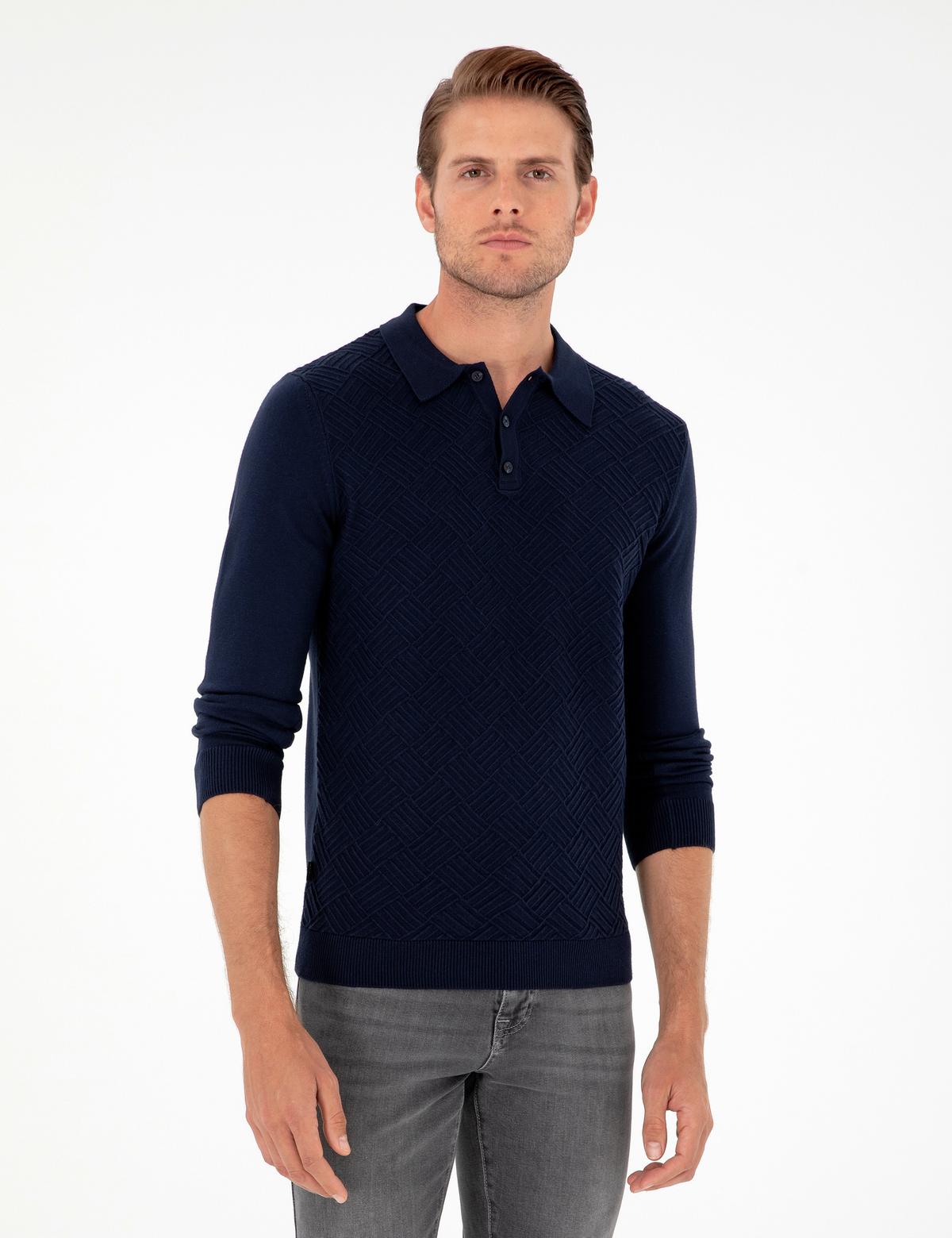 Lacivert Slim Fit Düğmeli Polo Yaka Triko Kazak