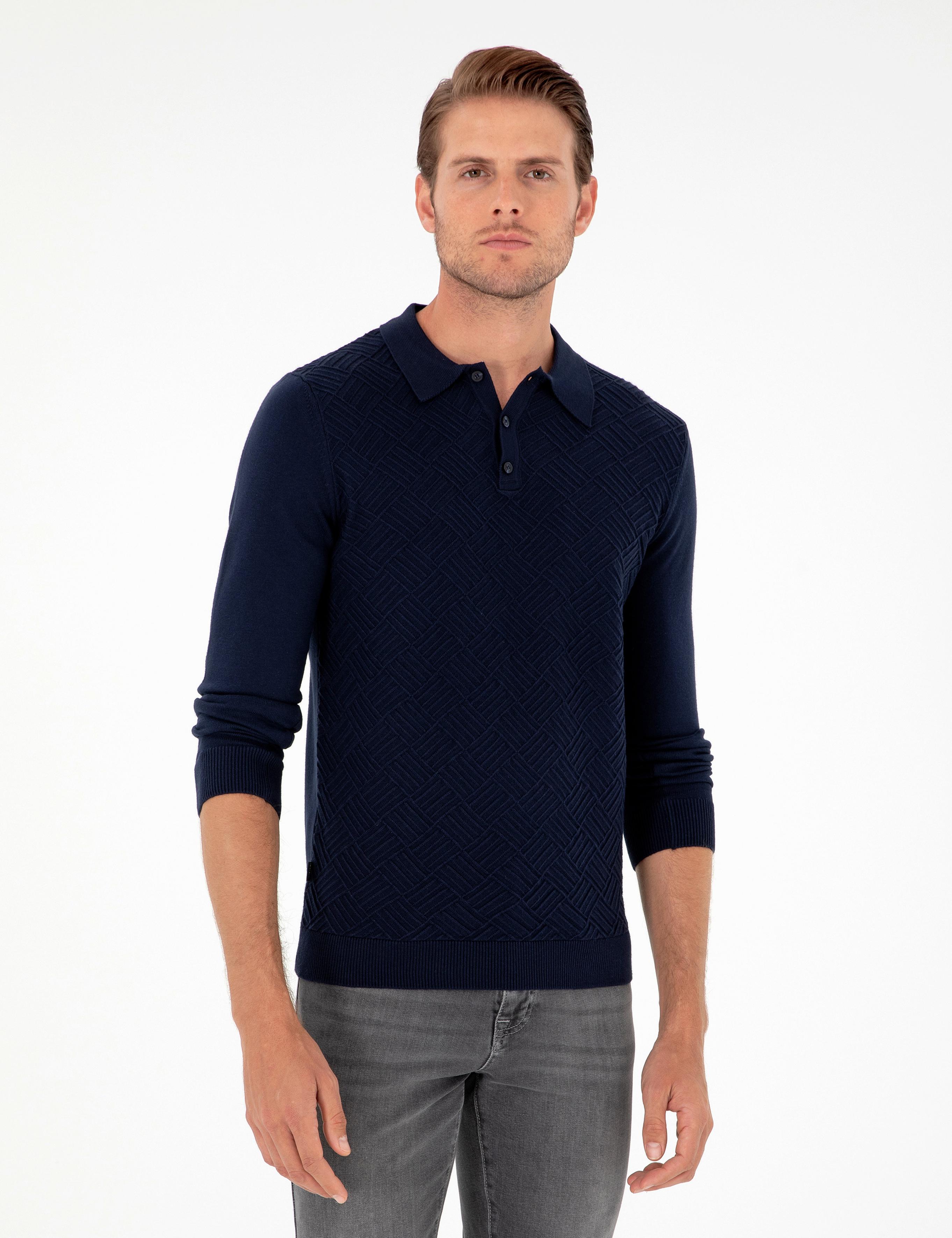 Lacivert Slim Fit Düğmeli Polo Yaka Triko Kazak