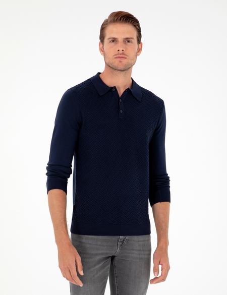 Lacivert Slim Fit Düğmeli Polo Yaka Triko Kazak - 50300521009