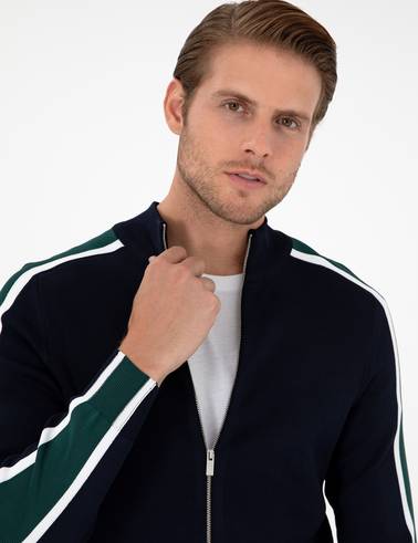 Lacivert Slim Fit Yün Karışımlı Fermuarlı Triko Hırka