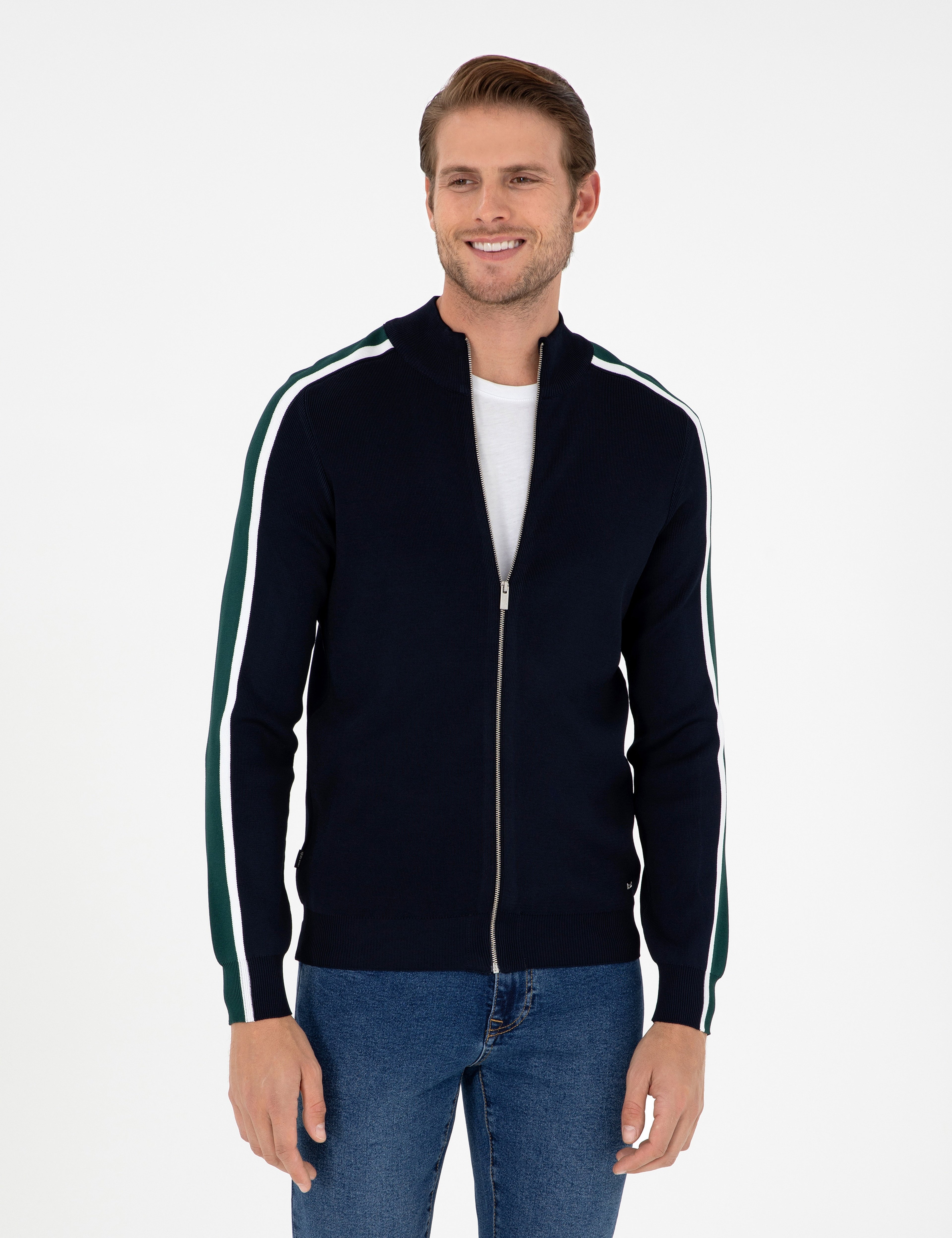 Lacivert Slim Fit Yün Karışımlı Fermuarlı Triko Hırka