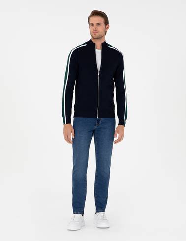 Lacivert Slim Fit Yün Karışımlı Fermuarlı Triko Hırka