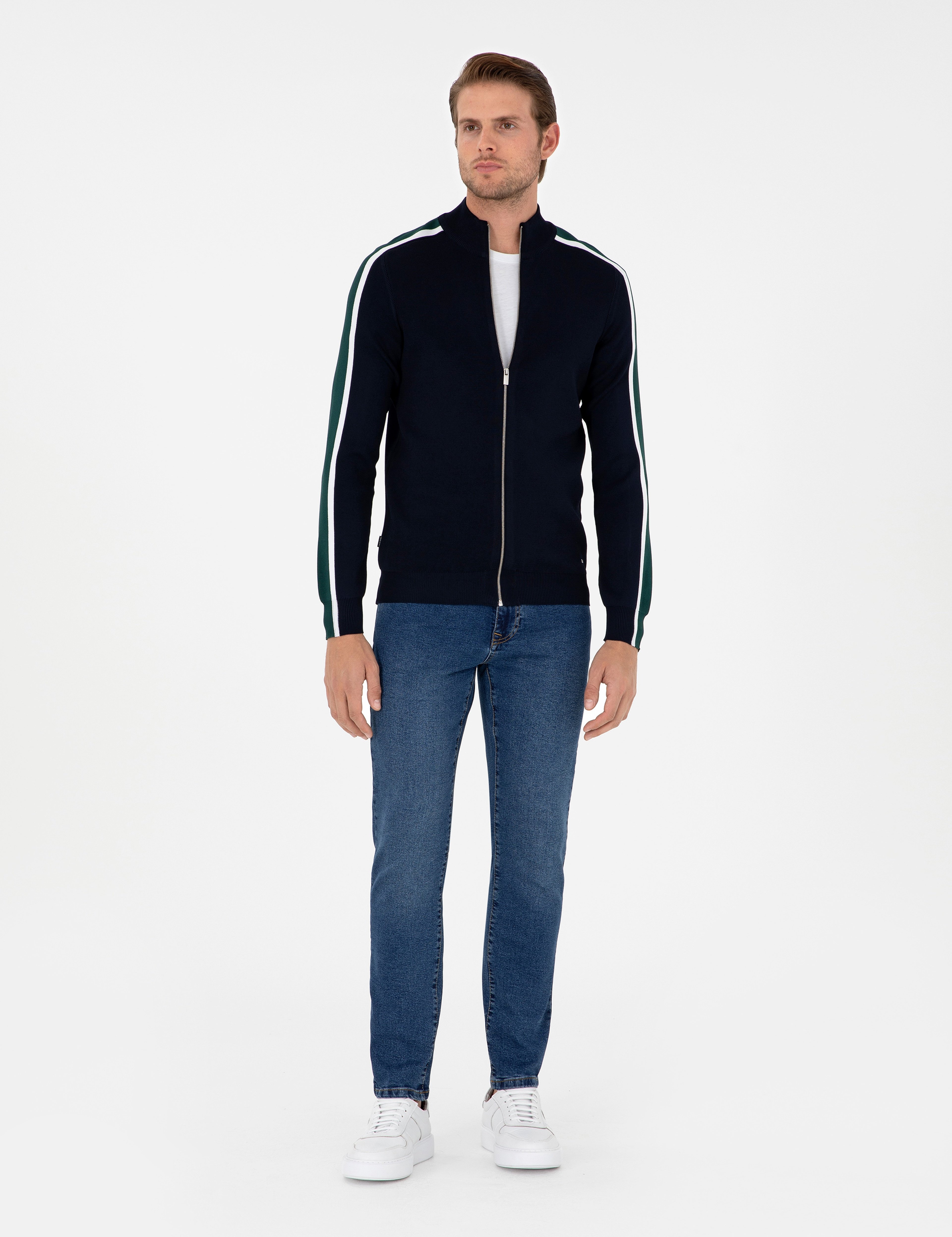 Lacivert Slim Fit Yün Karışımlı Fermuarlı Triko Hırka - Image 4