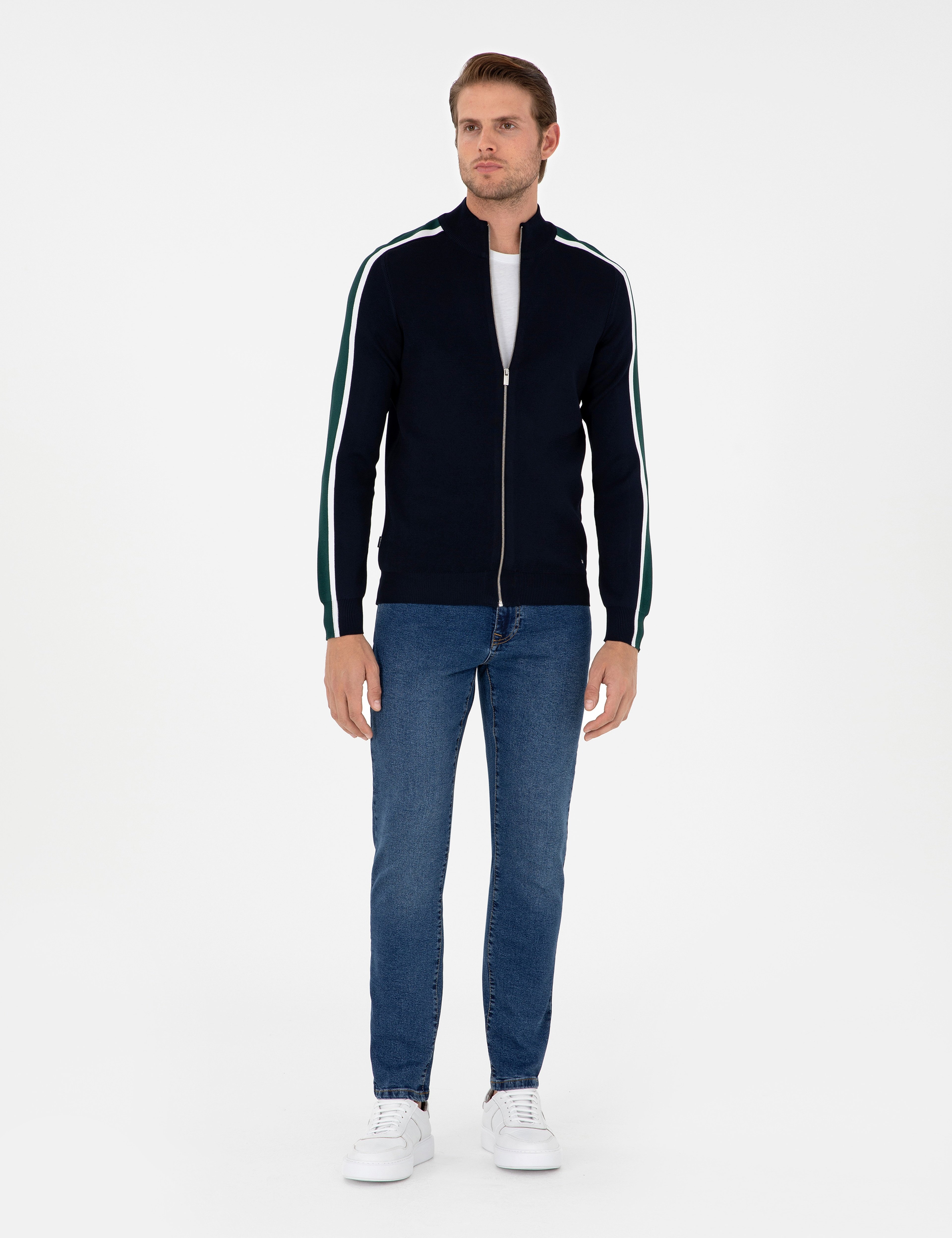 Lacivert Slim Fit Yün Karışımlı Fermuarlı Triko Hırka