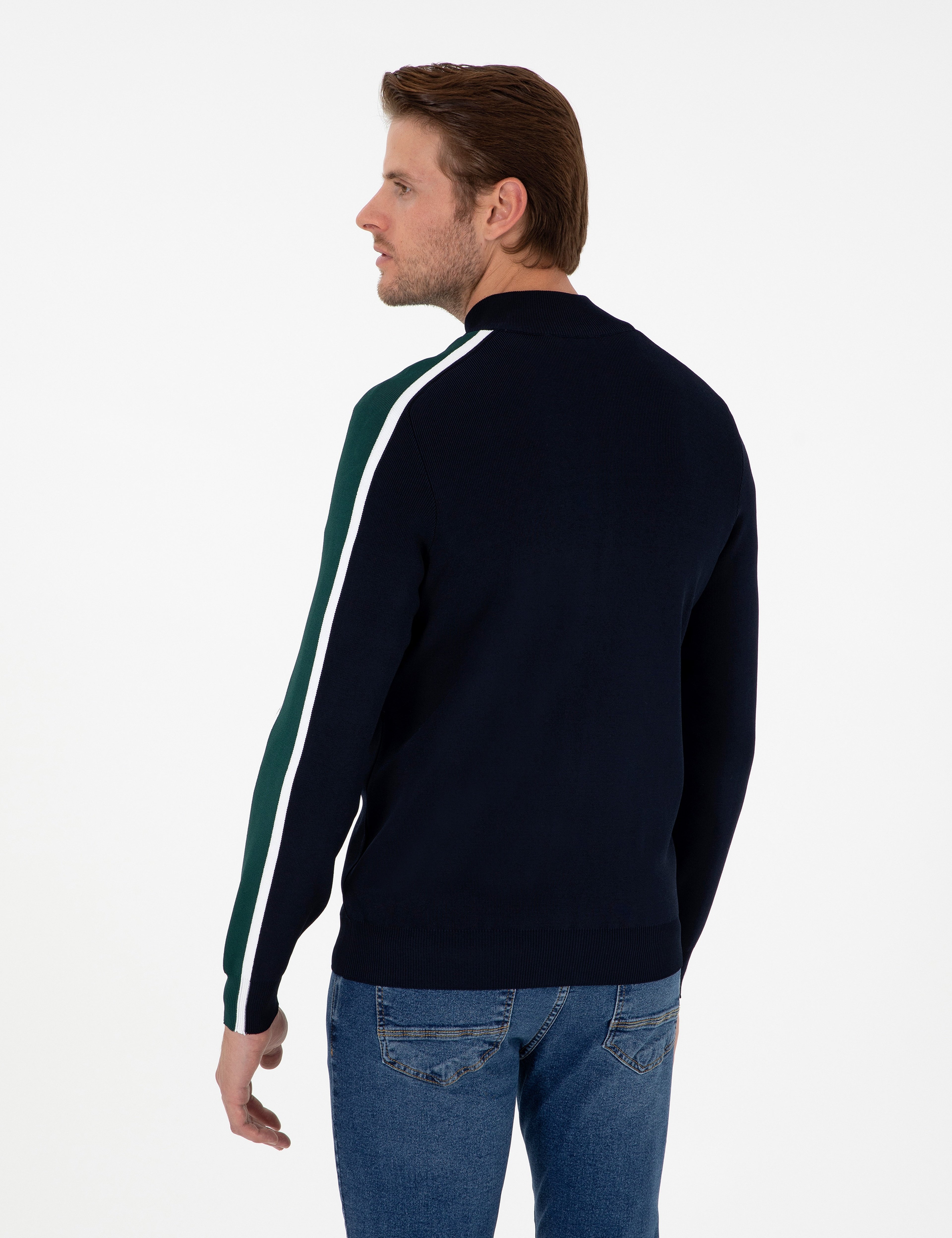 Lacivert Slim Fit Yün Karışımlı Fermuarlı Triko Hırka