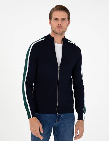 Lacivert Slim Fit Yün Karışımlı Fermuarlı Triko Hırka