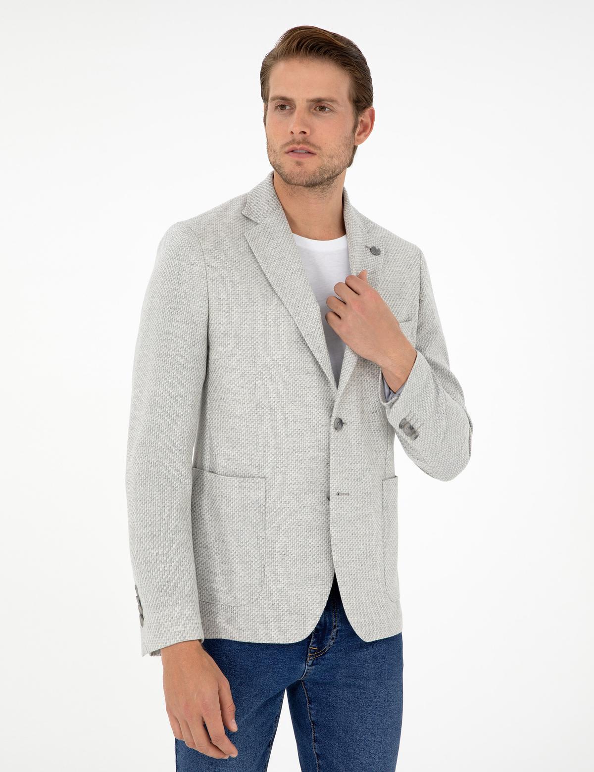 Gri Yün Karışımlı Slim Fit Ceket - 50292127008