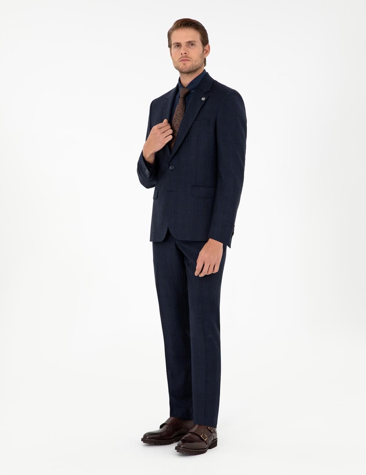 Lacivert Slim Fit Ekose Yün Takım Elbise - 50291944008