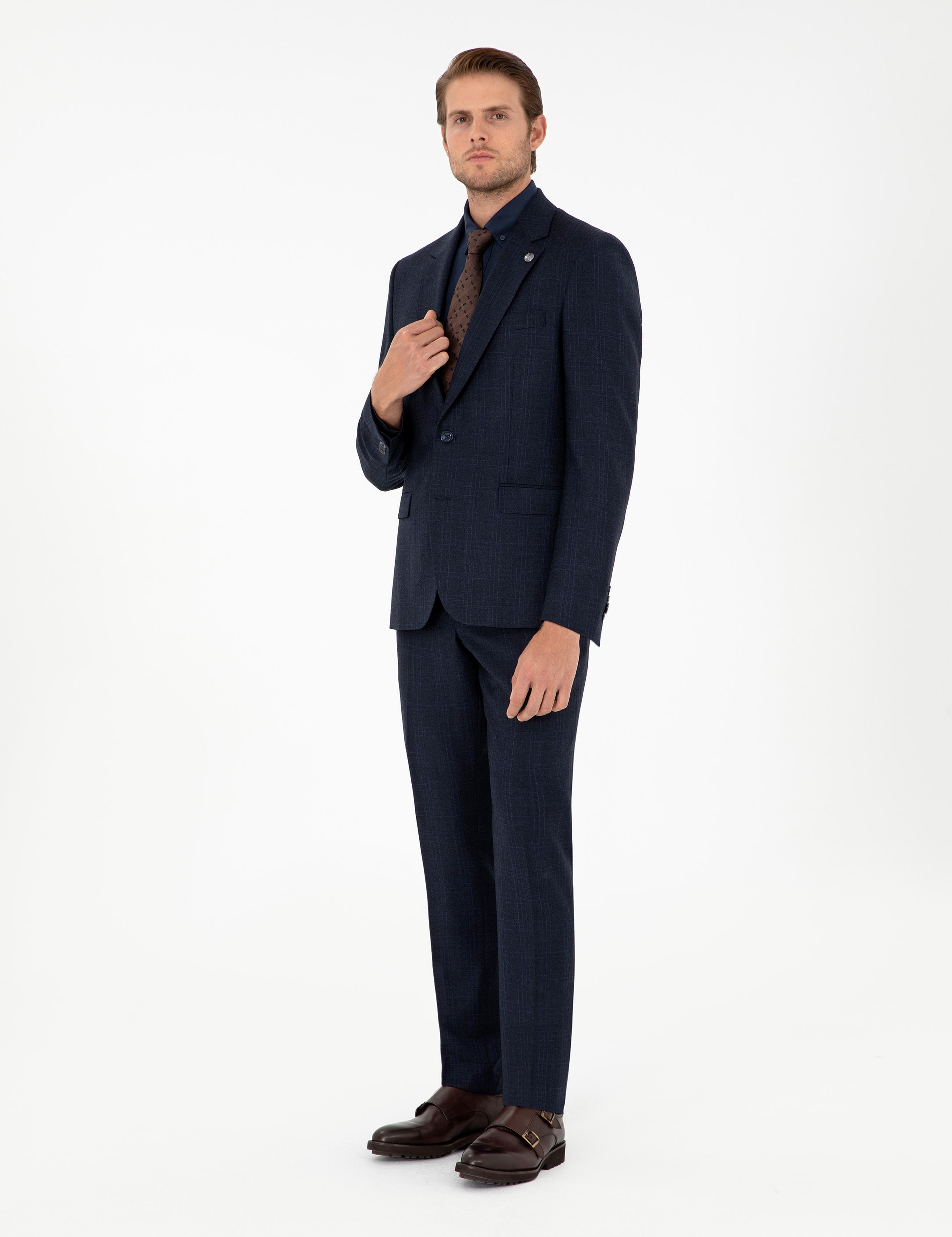 Lacivert Slim Fit Ekose Yün Takım Elbise