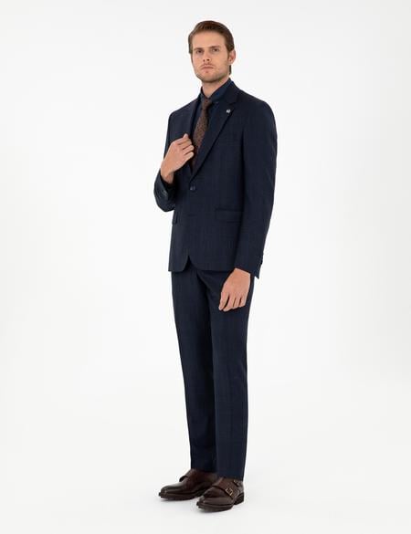 Lacivert Slim Fit Ekose Yün Takım Elbise - 50291944008