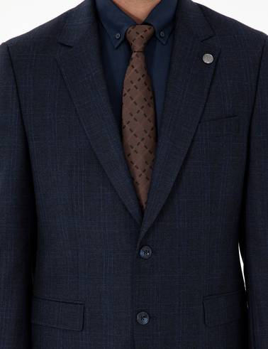 Lacivert Slim Fit Ekose Yün Takım Elbise