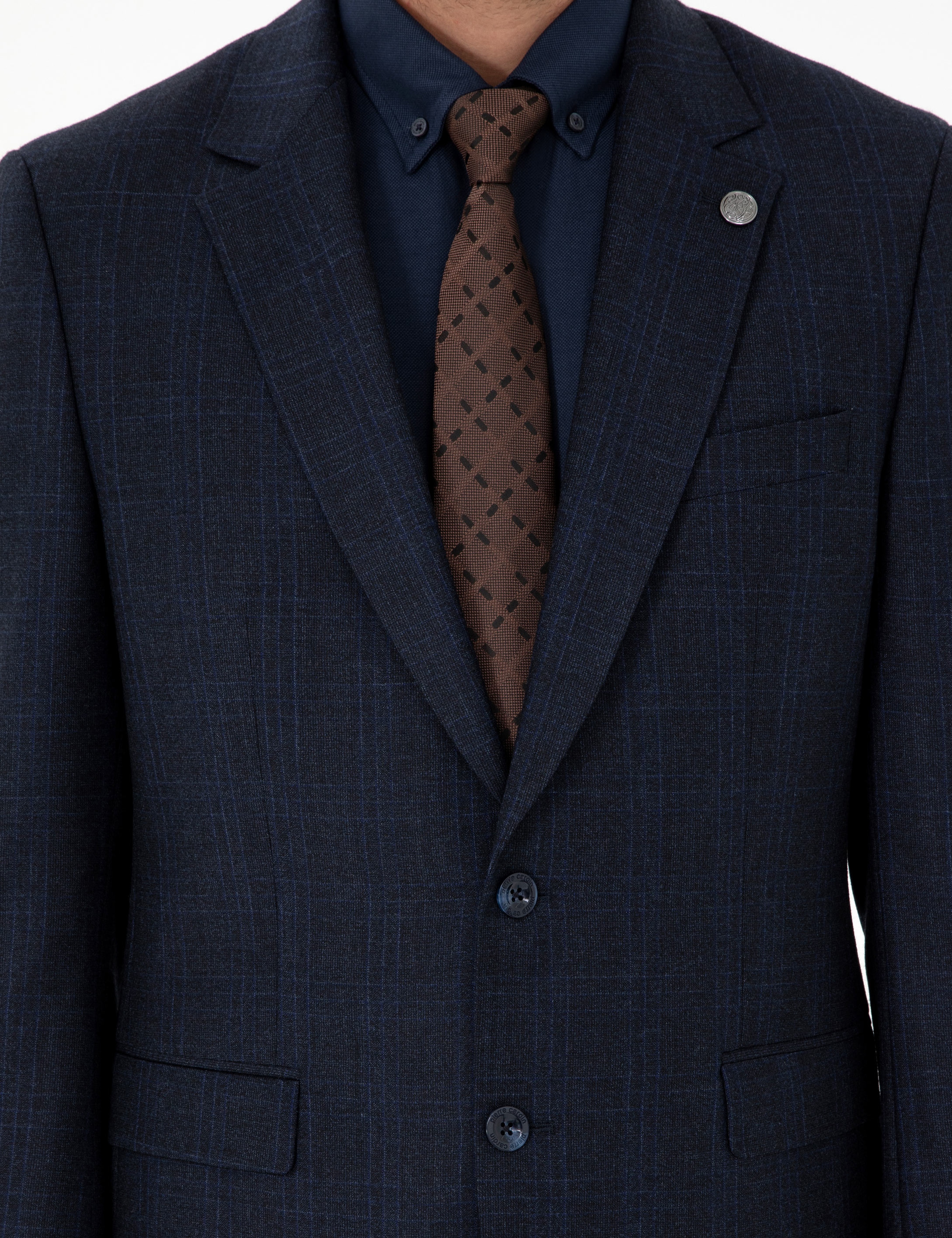Lacivert Slim Fit Ekose Yün Takım Elbise - Image 7
