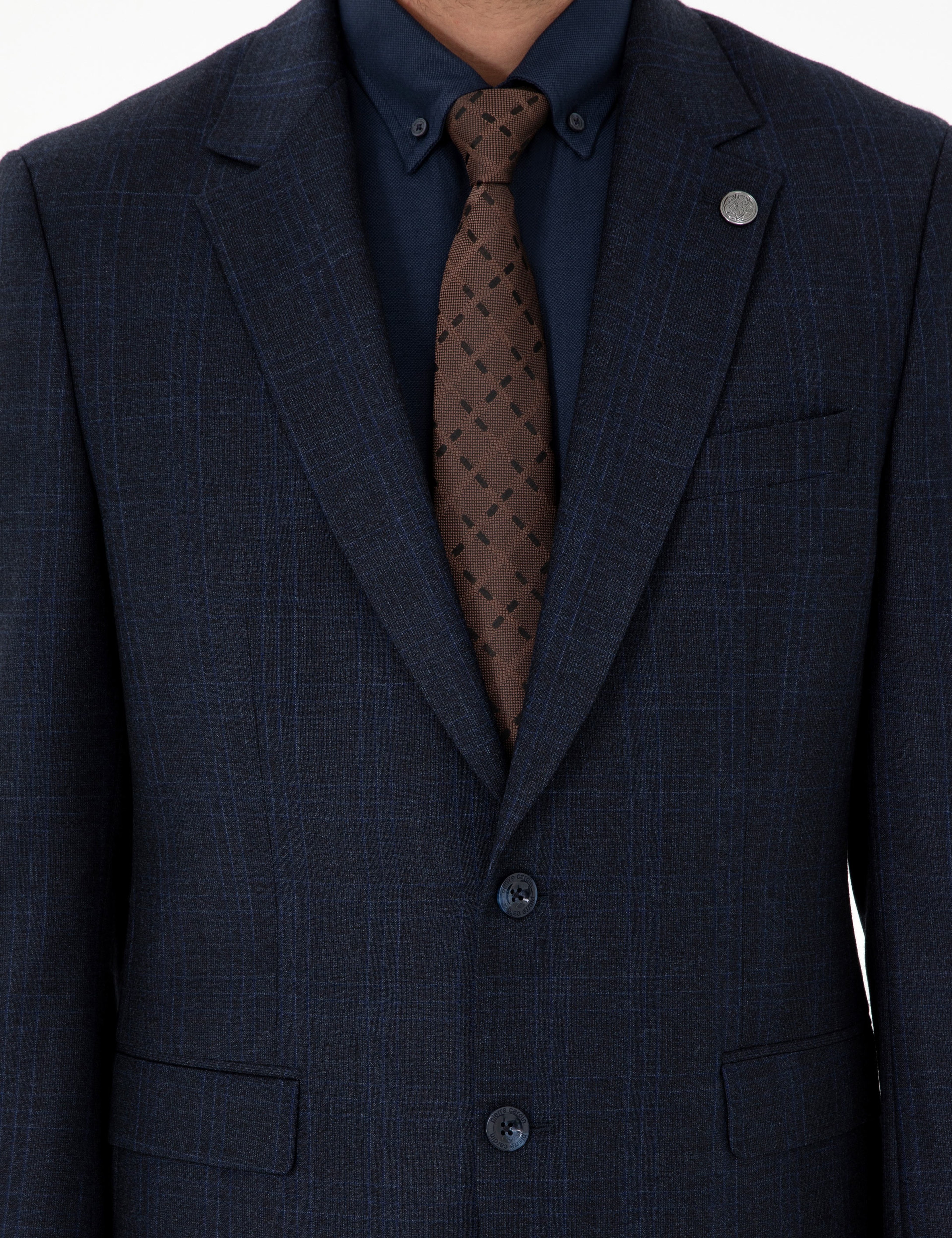 Lacivert Slim Fit Ekose Yün Takım Elbise