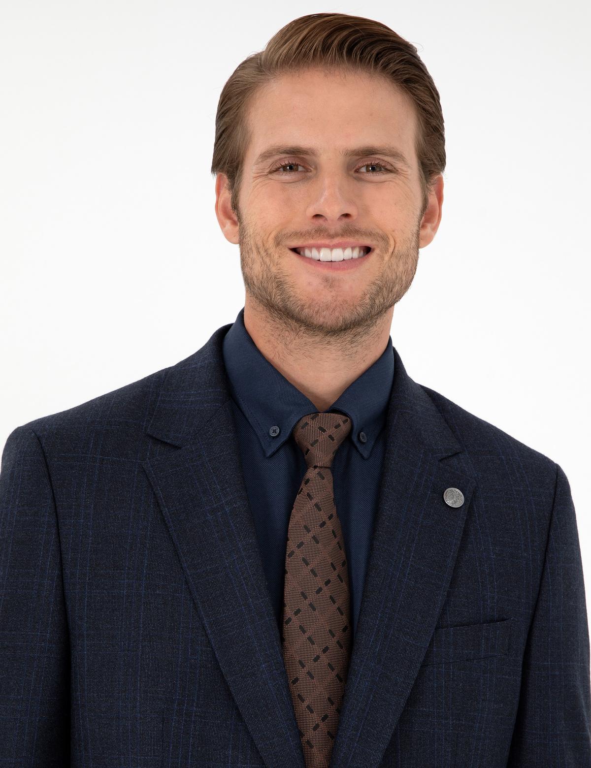 Lacivert Slim Fit Ekose Yün Takım Elbise - 50291944008