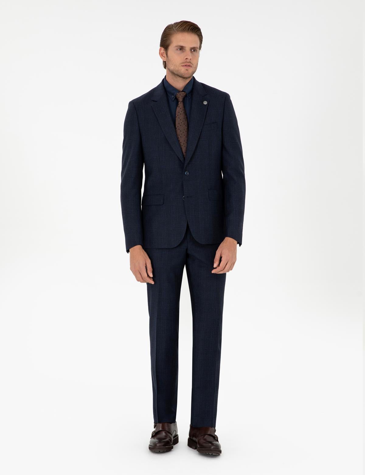 Lacivert Slim Fit Ekose Yün Takım Elbise