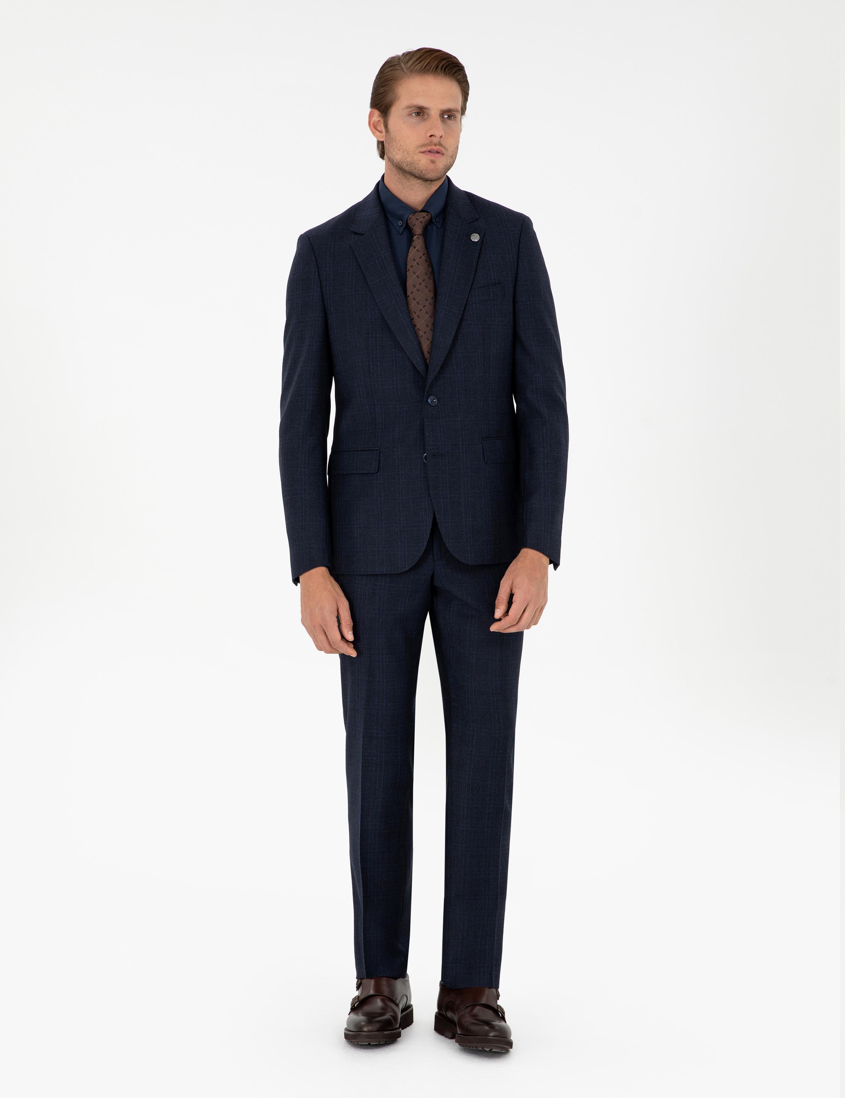 Lacivert Slim Fit Ekose Yün Takım Elbise